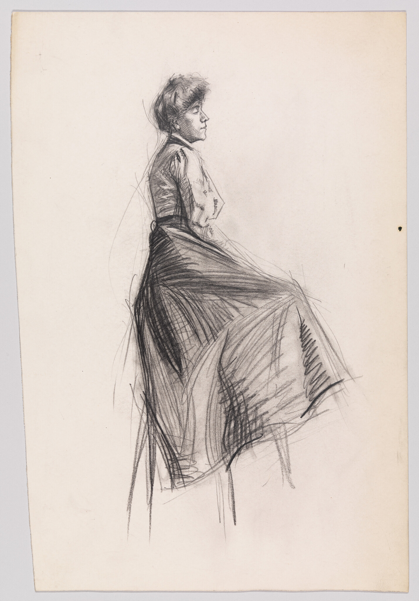 A charcoal sketch of a seated woman in profile wearing a long, flowing skirt.
