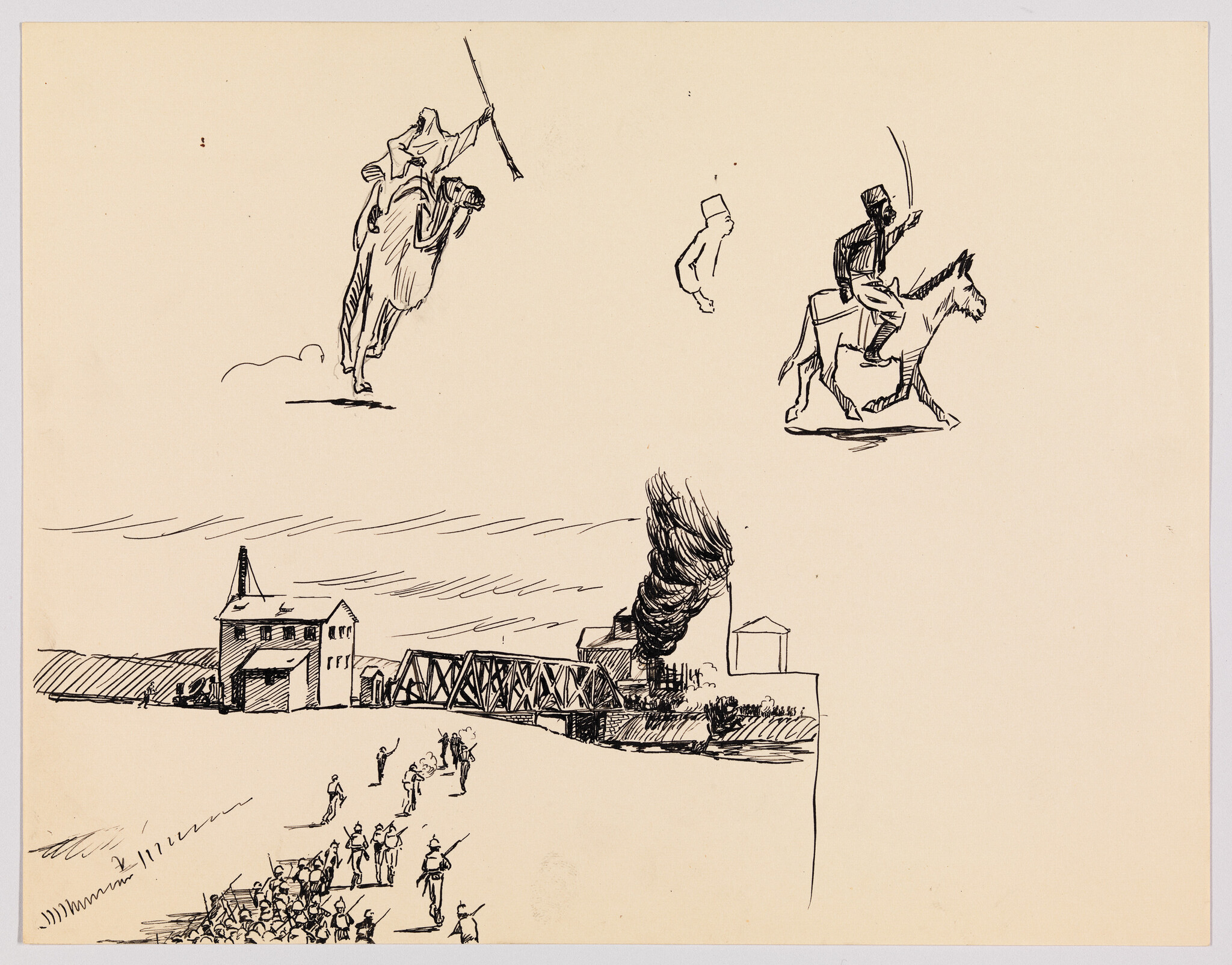 Soldiers march toward a bridge while a nearby train emits heavy smoke and riders watch.