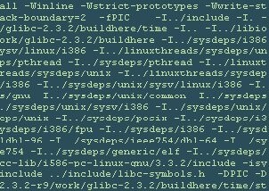 A computer screen displaying a block of code with various file paths and compiler options, written in a terminal-like interface.