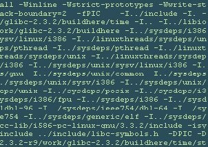 A computer screen displaying a block of code with various file paths and compiler options, written in a terminal-like interface.