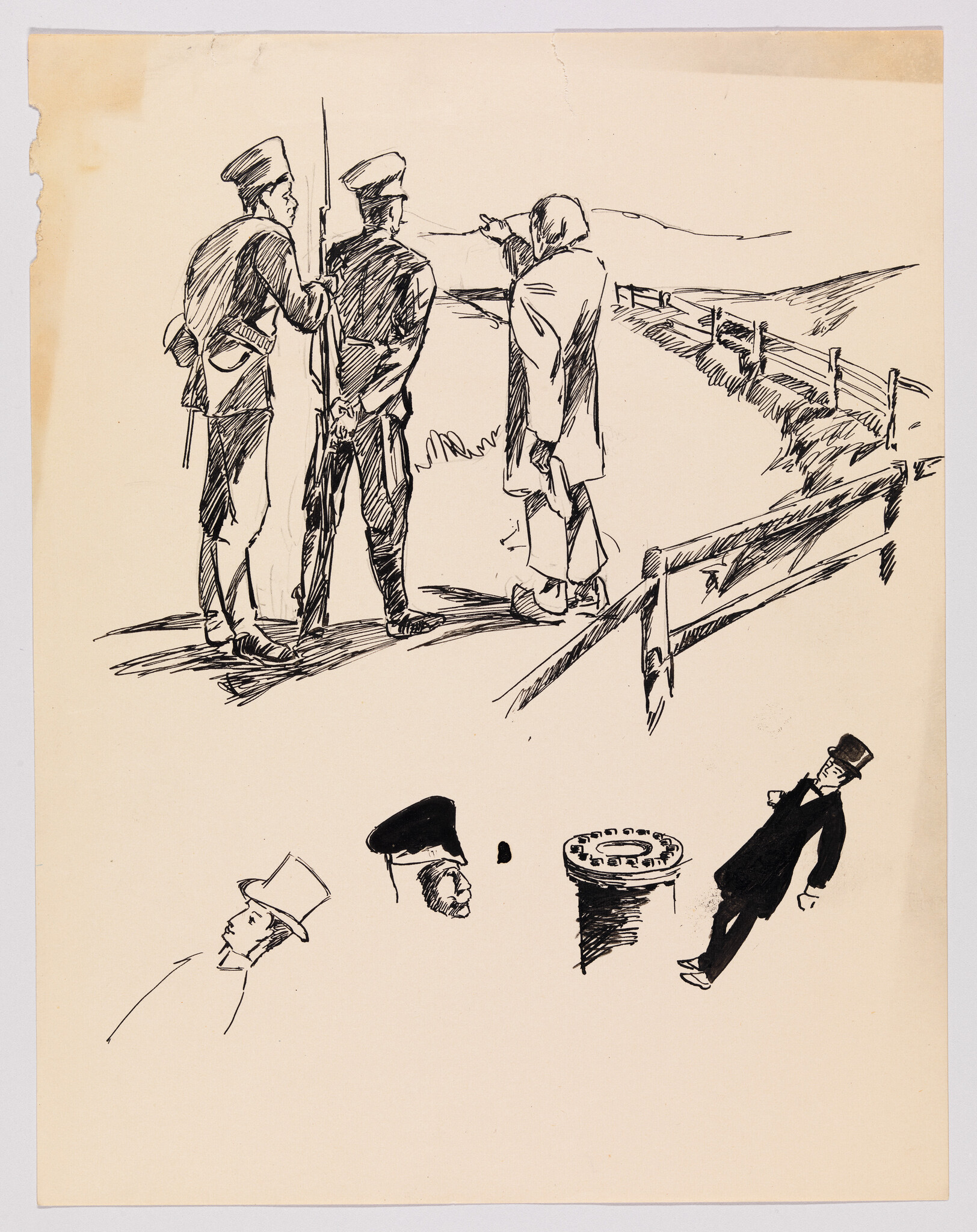 Two uniformed soldiers stand as a civilian points toward a distant road across a fence.