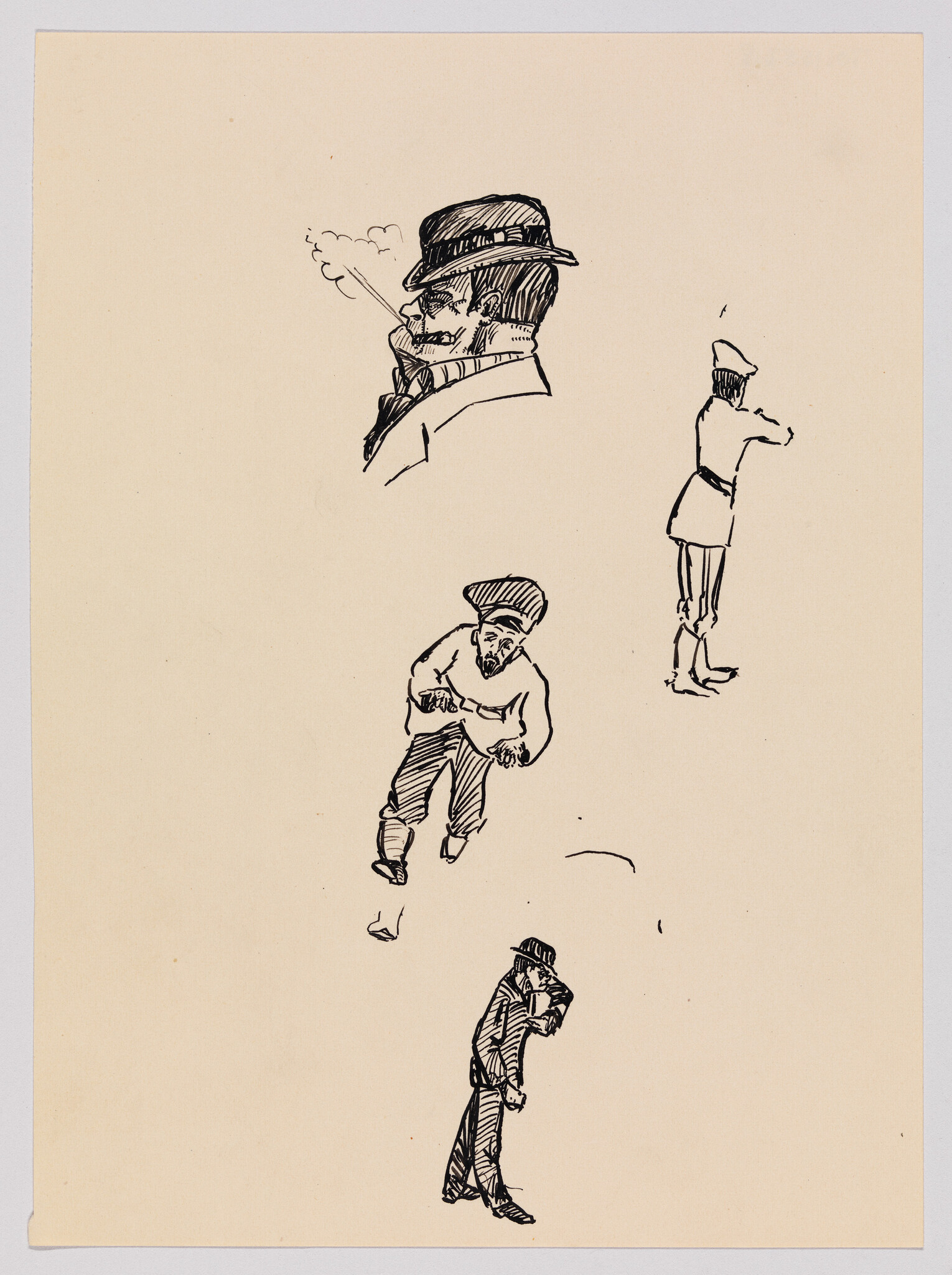 Four ink sketches of men in hats showing smoking, walking, saluting, and hunched poses.