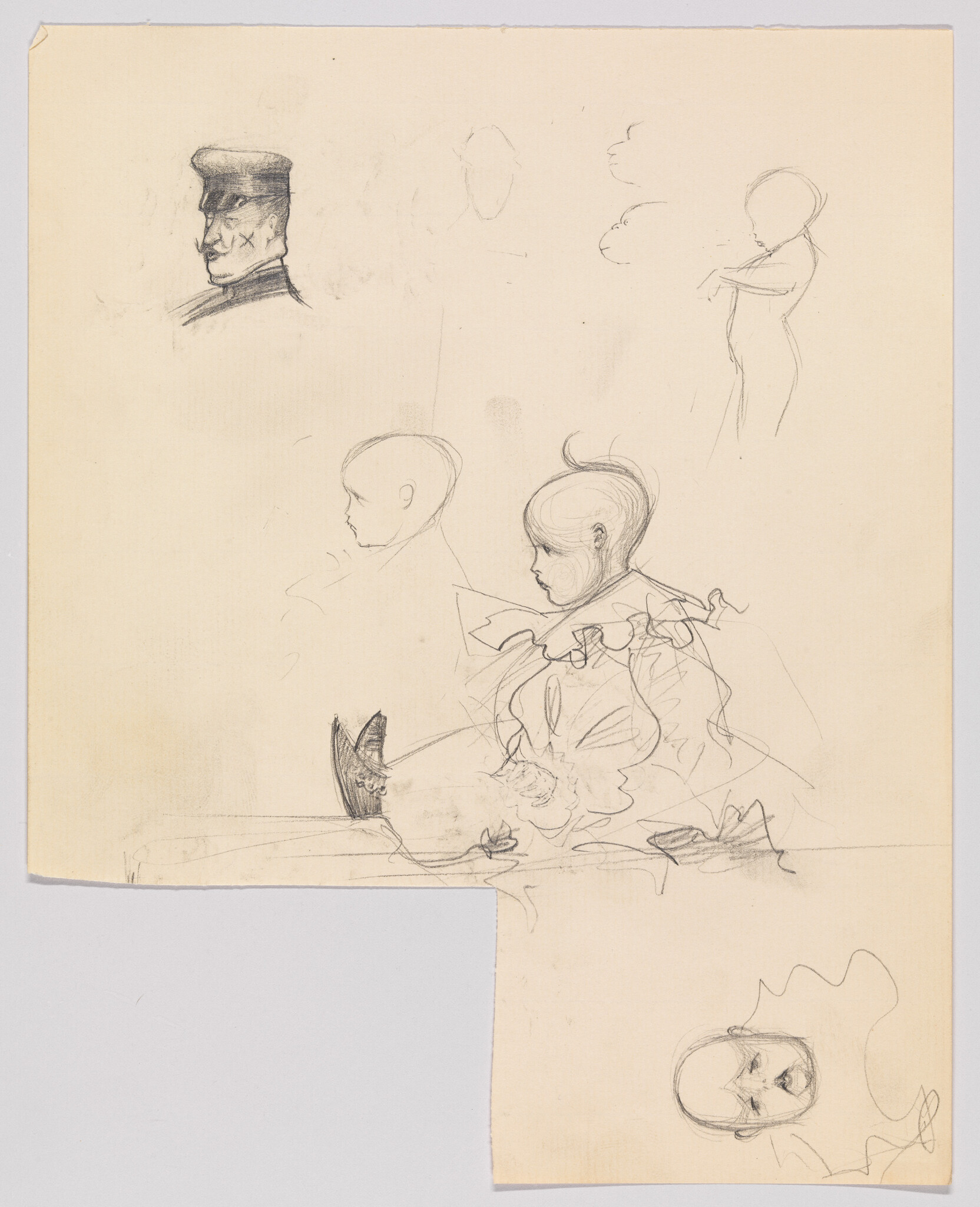 A pencil sketch of a seated child in a ruffled dress looking to the right.