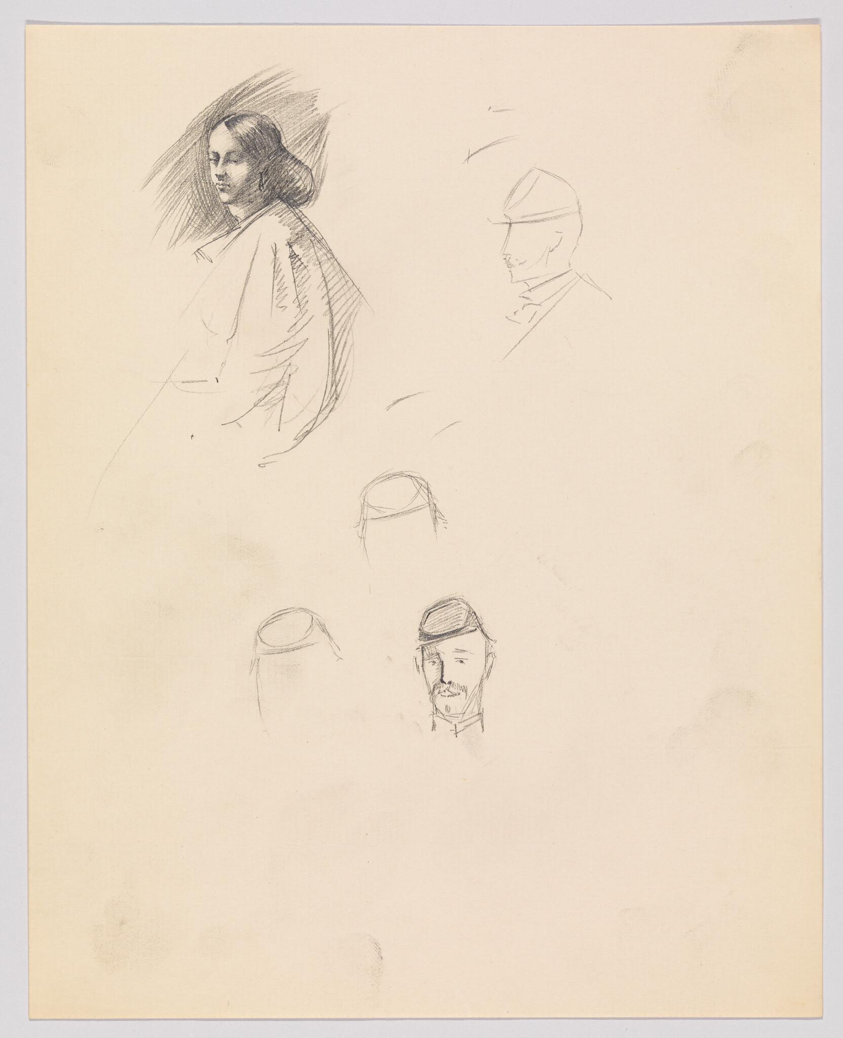 Several quick pencil sketches showing a seated woman in a cloak and small men's head studies.