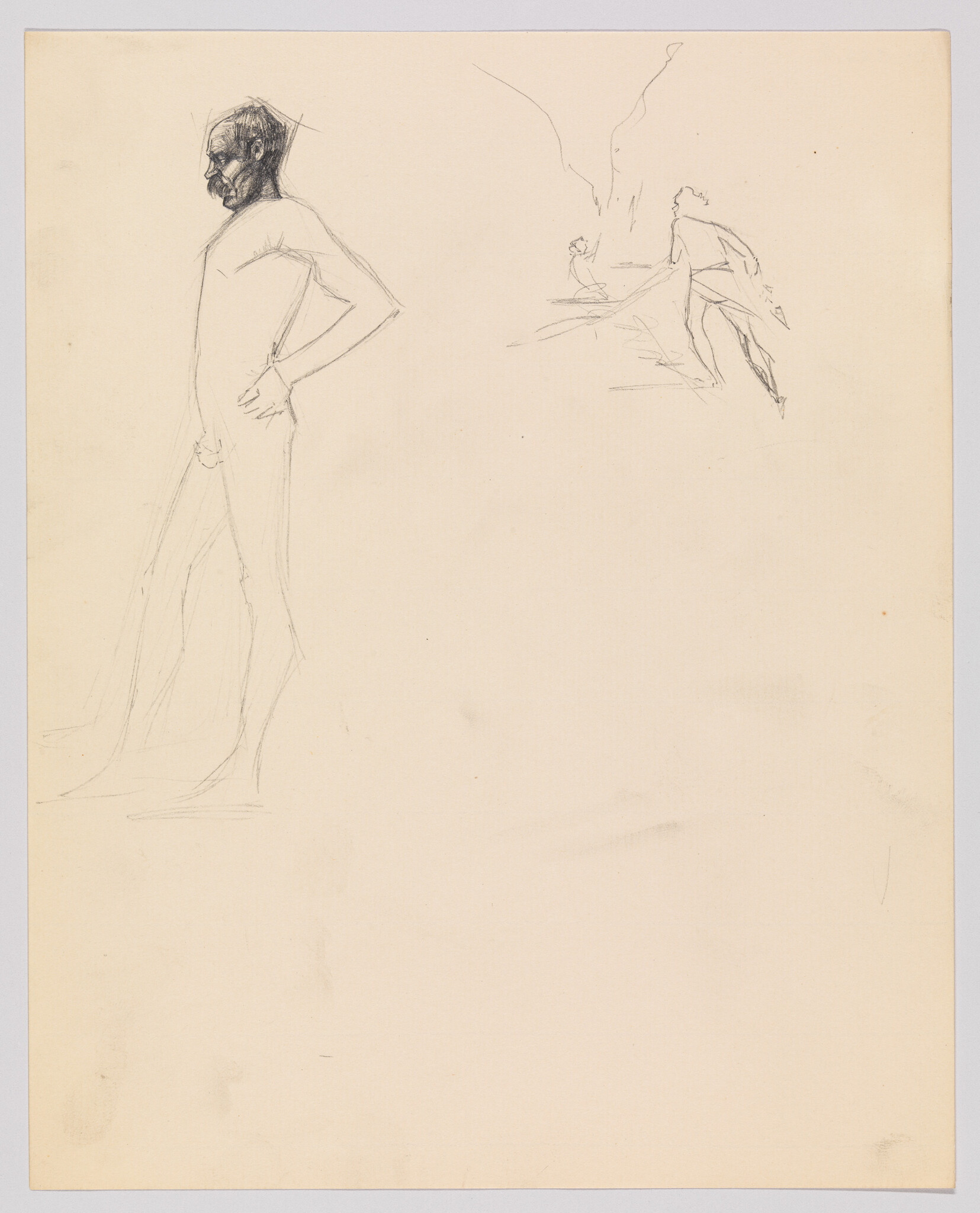 A pencil sketch showing a standing nude man with hand on hip and small figure sketches.