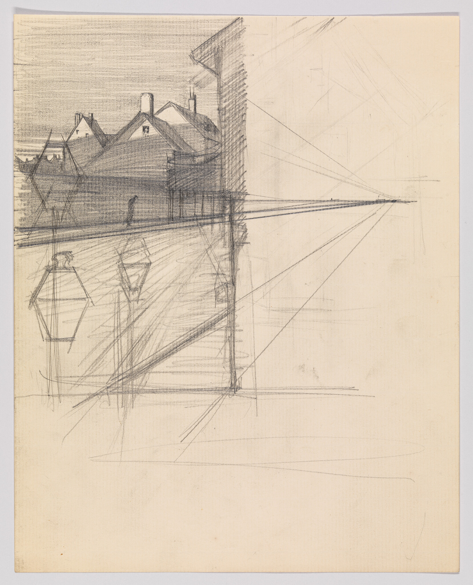 A pencil sketch showing building facades, rooftops, lamps, and perspective lines converging to a distant vanishing point.
