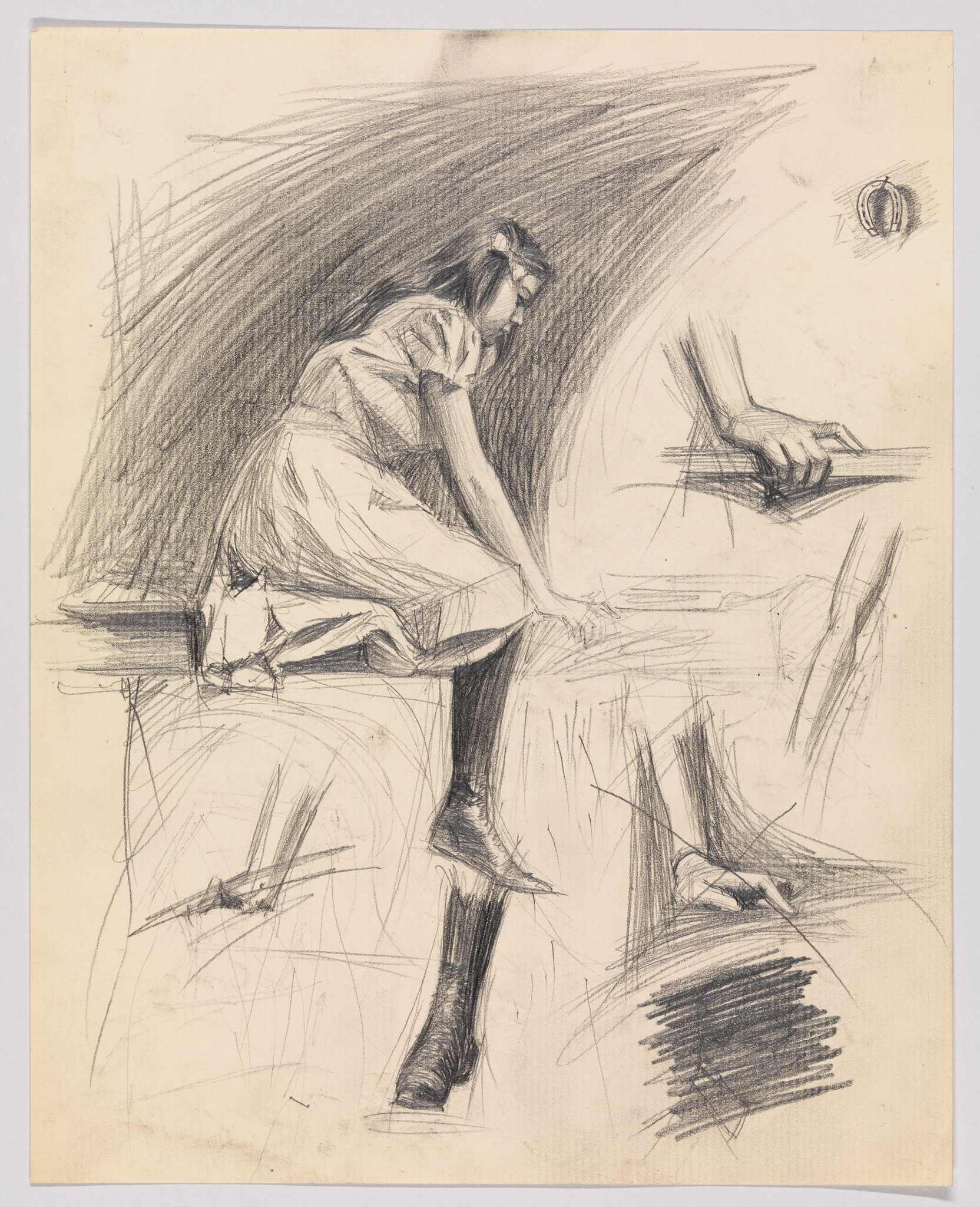 A girl kneels on a bed leaning forward and reaching her hand toward a surface.