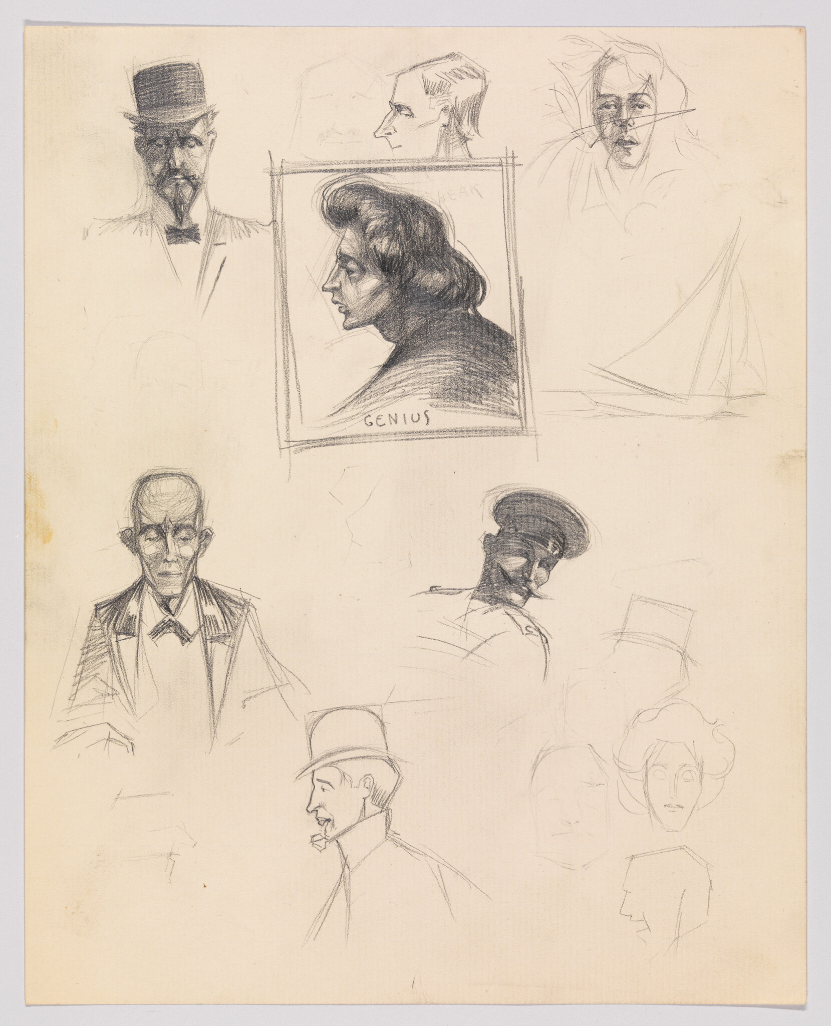 Various pencil portrait sketches with a framed profile labeled "Genius" at center.