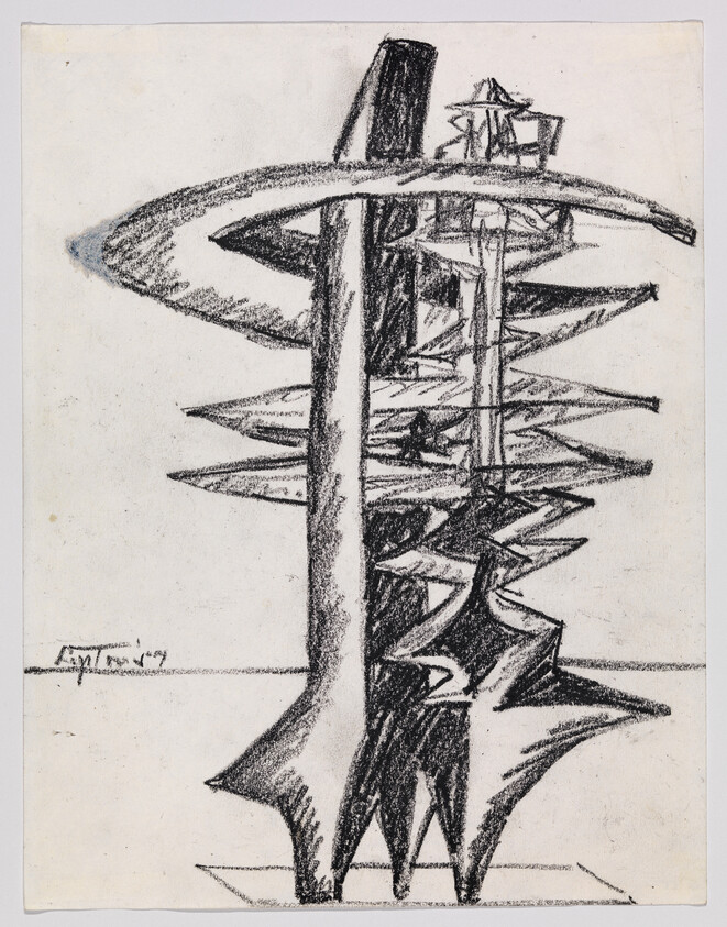 Tall abstract charcoal sketch of a vertical sculpture with curved ring and jagged horizontal platforms.