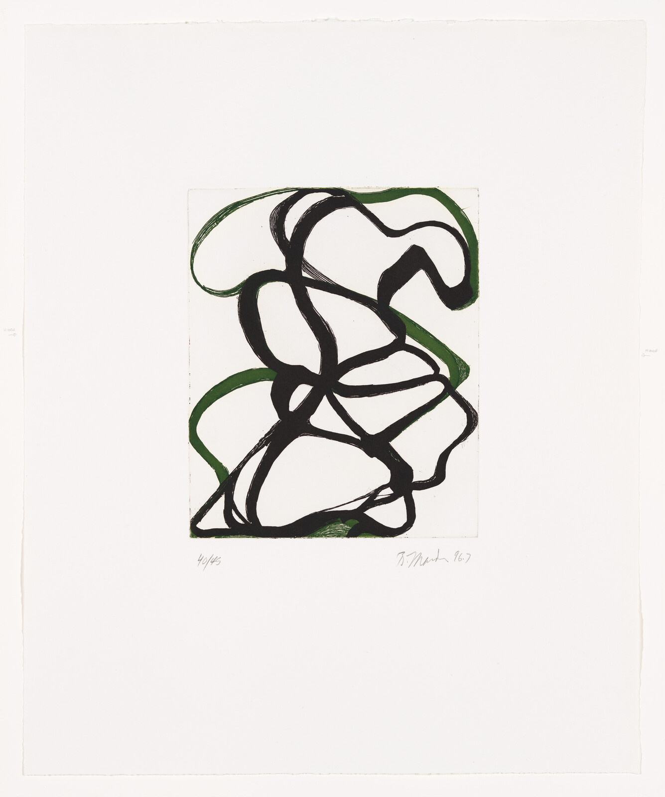 Abstract black and green looping lines forming tangled shapes on a white rectangular field.