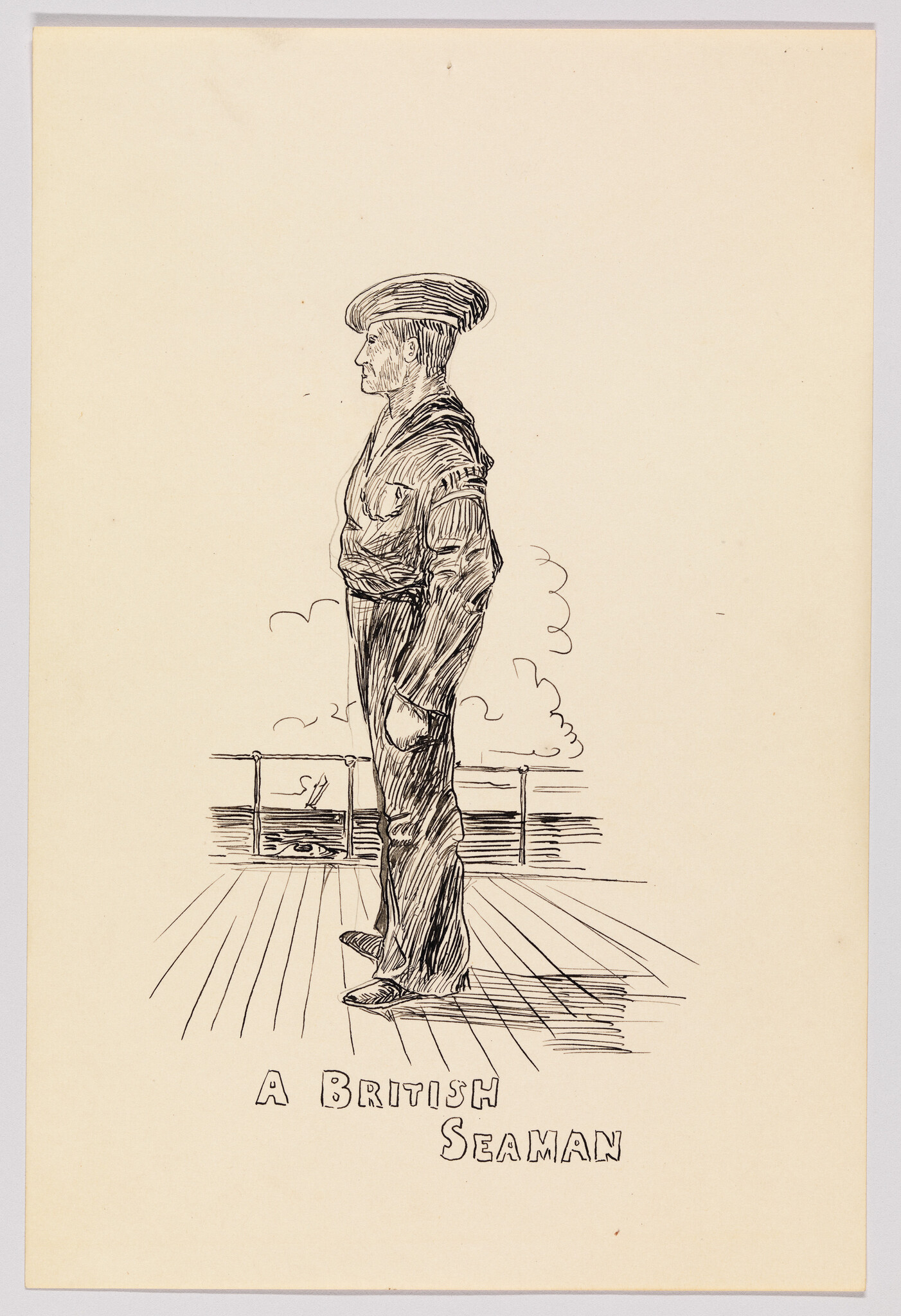 Illustration of a British seaman in uniform standing on the deck of a ship, with the caption "A BRITISH SEAMAN" at the bottom. The drawing is done in a sketchy, line art style on a beige background.