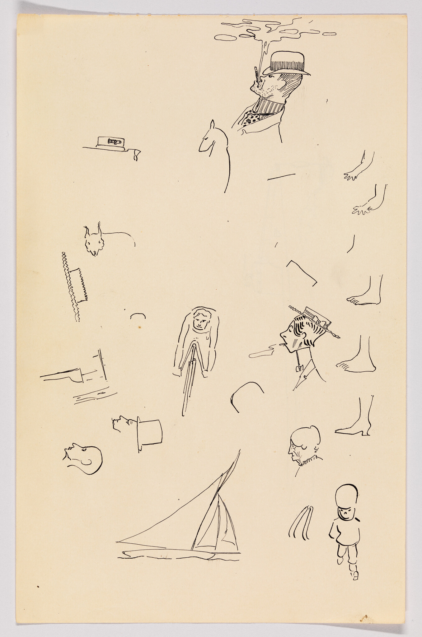 A sheet with various quick ink sketches including a sailboat, heads, feet, and a cyclist.