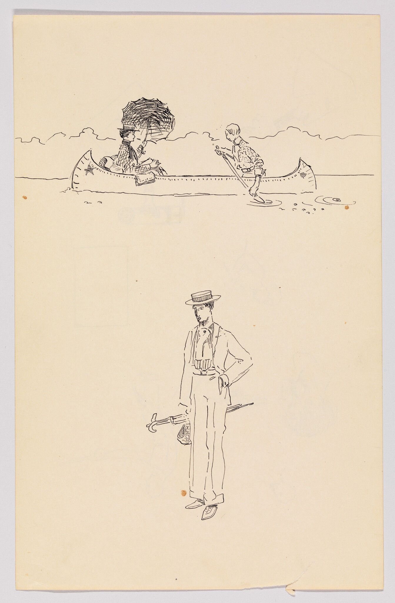 A person paddles a canoe while another sits under an umbrella, and a man stands nearby holding an umbrella.