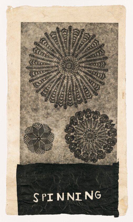 Three intricate circular textile patterns above a black strip labeled spinning.