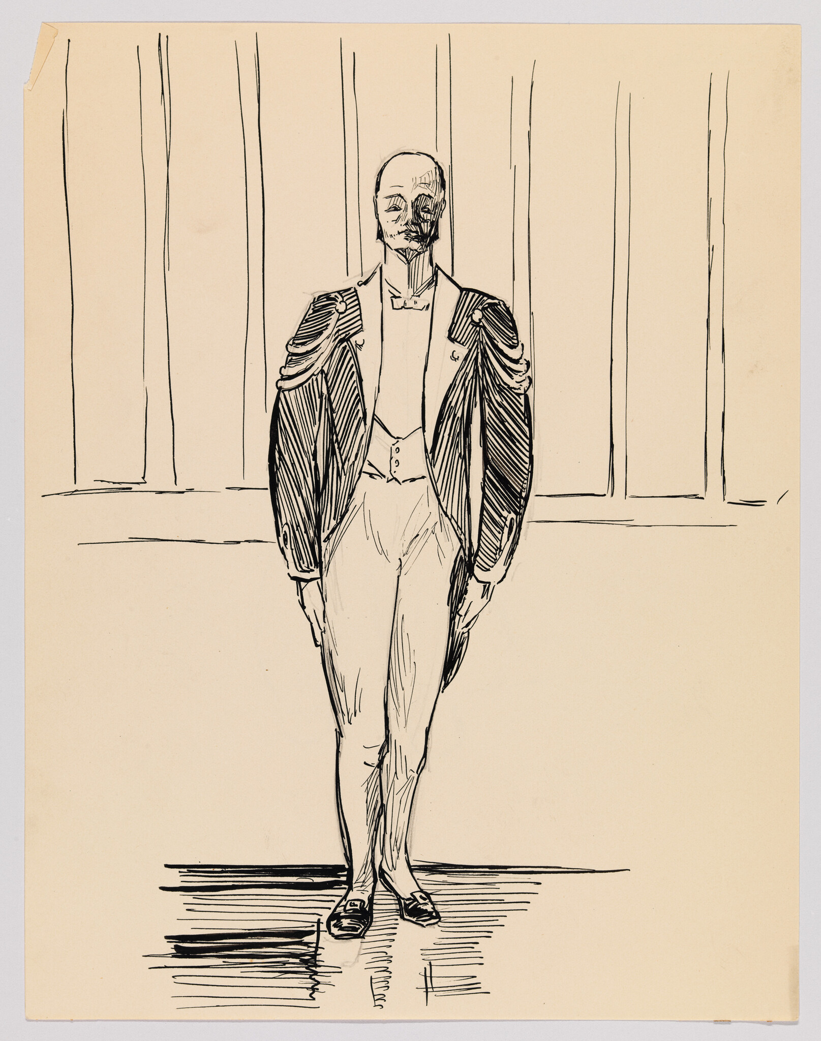 A man in formal tailcoat and white tie stands on stage with hands at his sides.