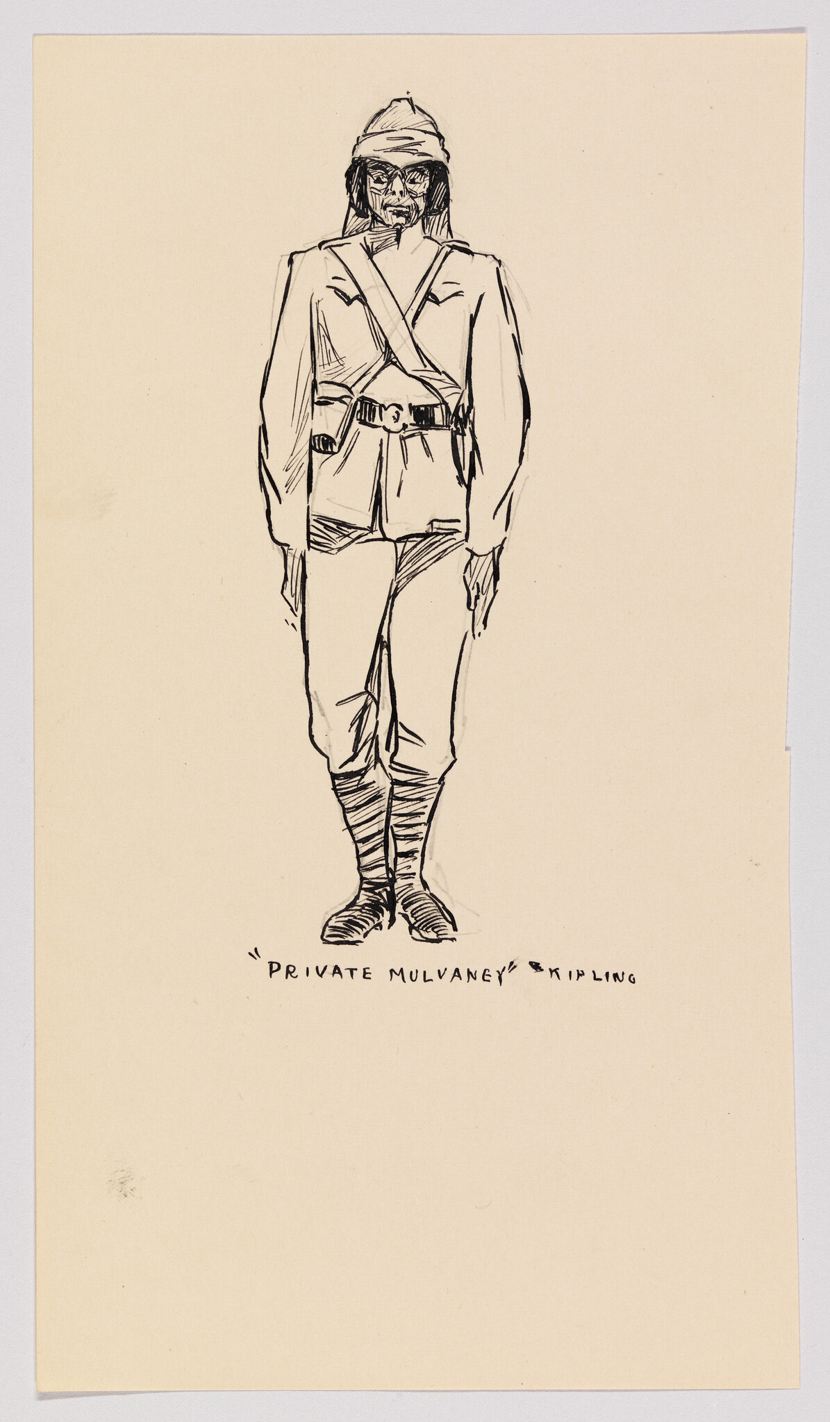 A pen sketch of Private Mulvaney standing at attention wearing a uniform and hat.
