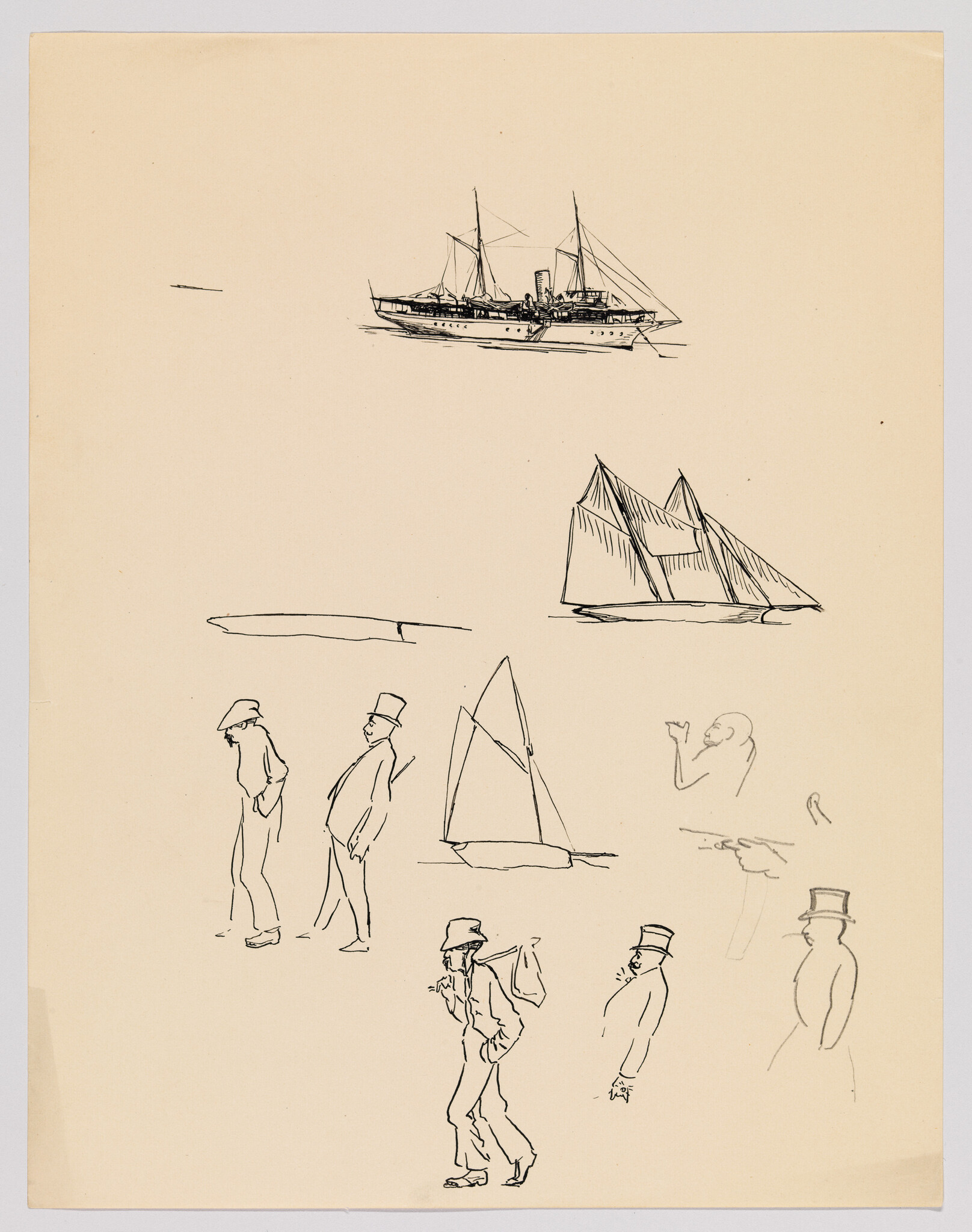 Multiple ink sketches of sailing boats and walking figures, including a man carrying a sack.