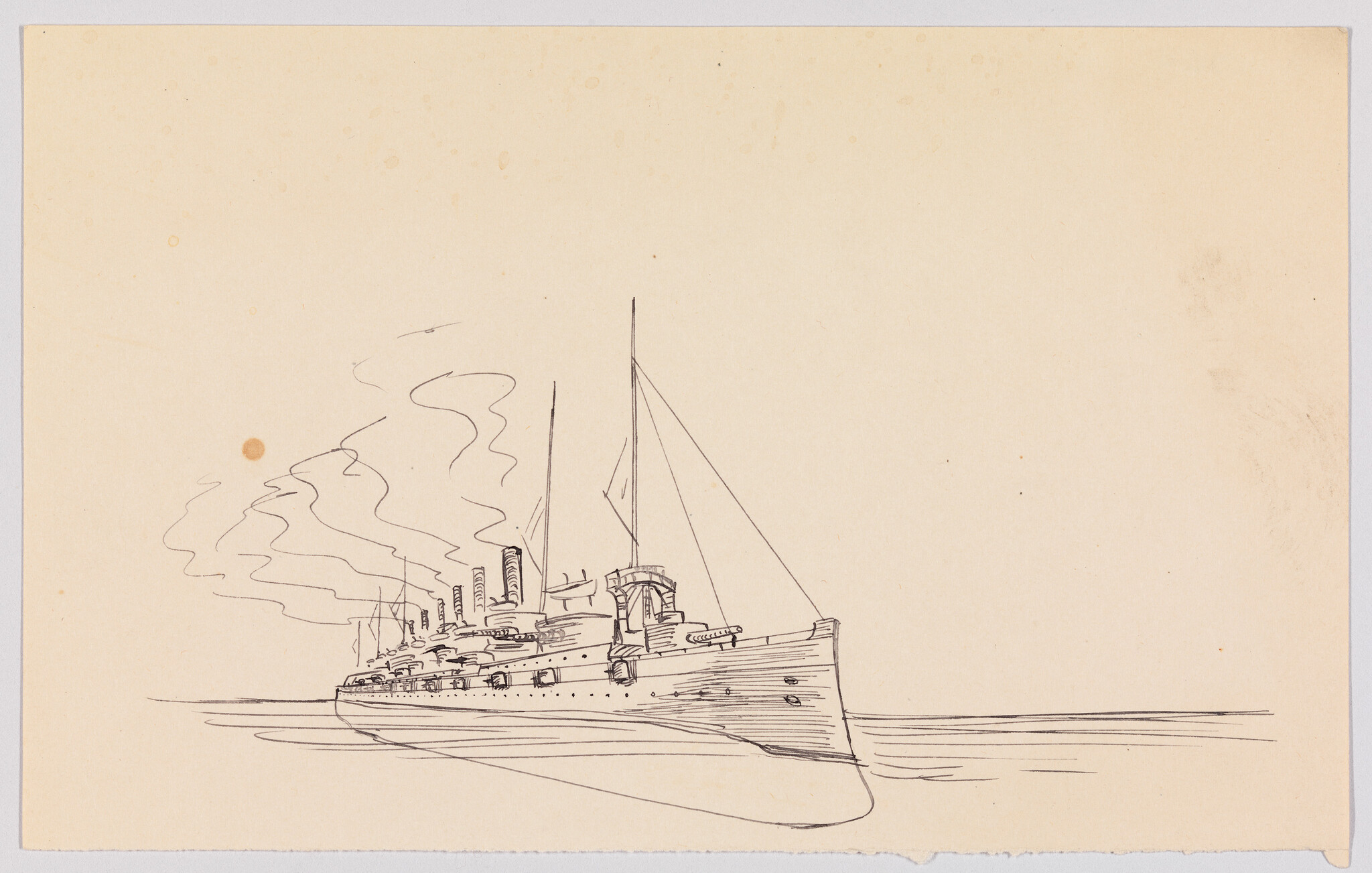 A steamship with multiple smokestacks and masts sails on calm water in a simple pen sketch.
