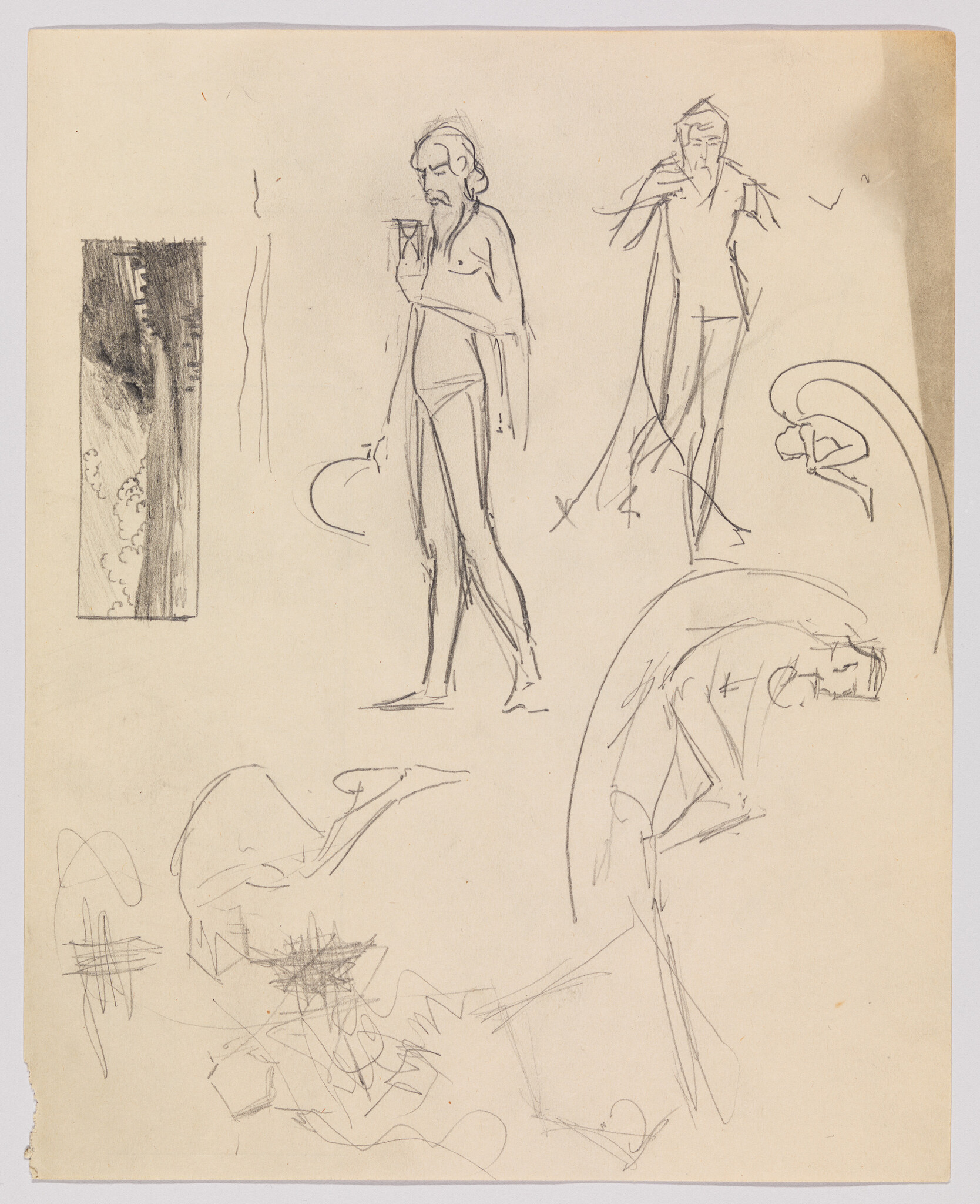 Multiple pencil sketches showing a standing bearded man holding a cup and other figure studies.