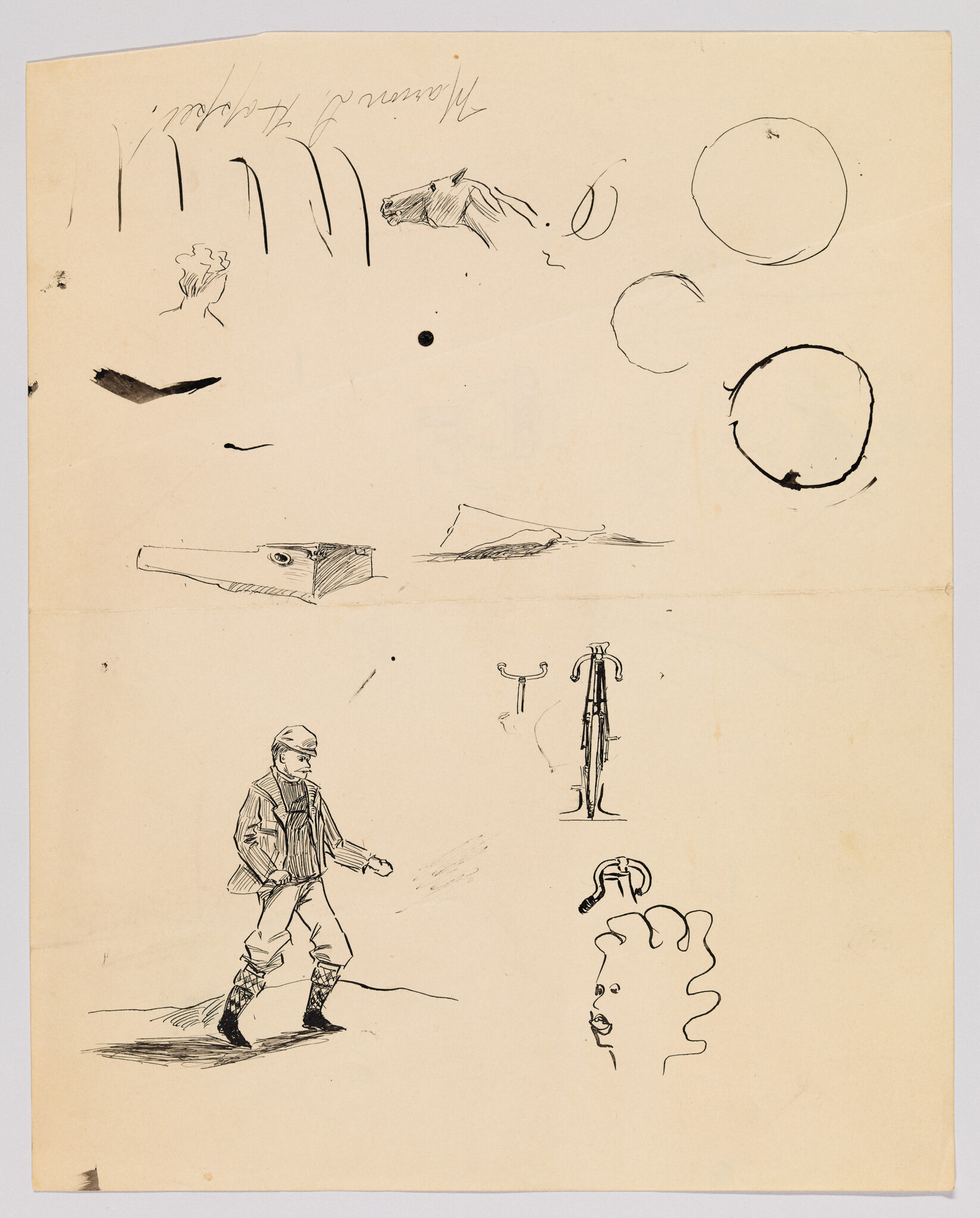 A sheet of ink sketches showing a walking man, bicycle parts, horse head, and circular doodles.