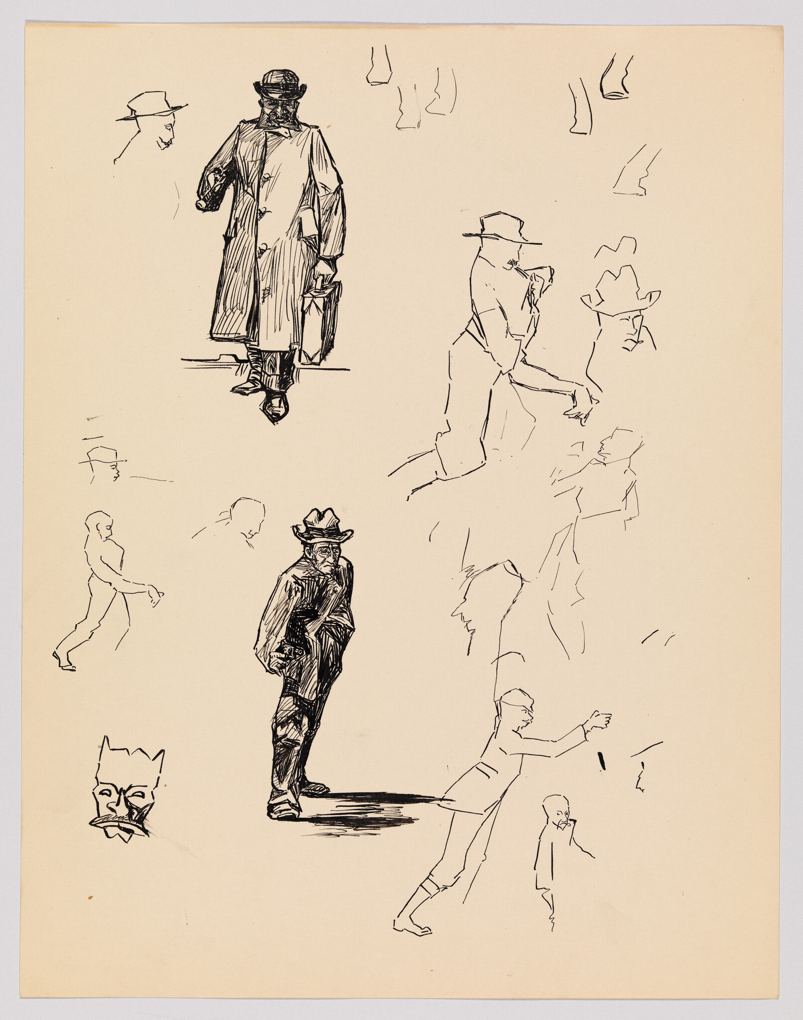 Several ink sketches of men in hats and coats, one walking with a briefcase and another standing.