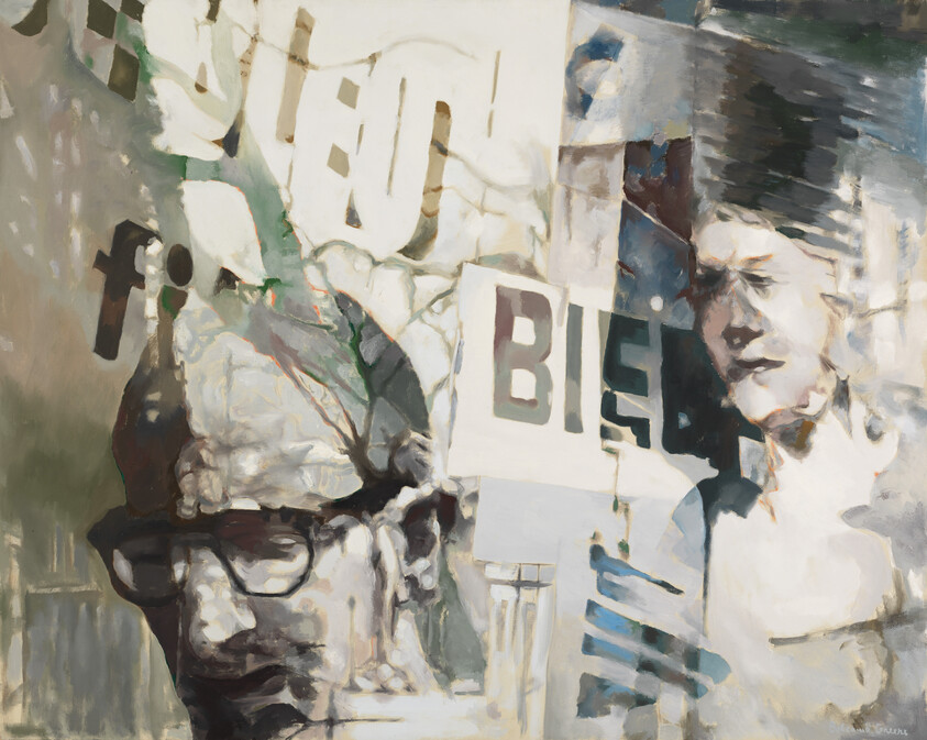 An expressive painting featuring abstract and fragmented elements with a central figure that appears to be a person holding a sign with the word "BIER." The background is a collage of various shapes and forms, creating a dynamic and somewhat chaotic scene. The use of muted colors and bold brushstrokes adds to the painting's emotional intensity. The artist's signature is visible in the bottom right corner.