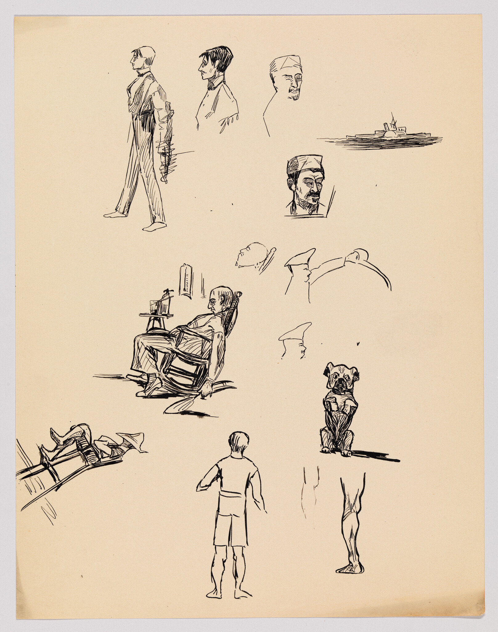 A sheet of ink sketches showing multiple figure studies, including a seated man, standing figures, and a small dog.