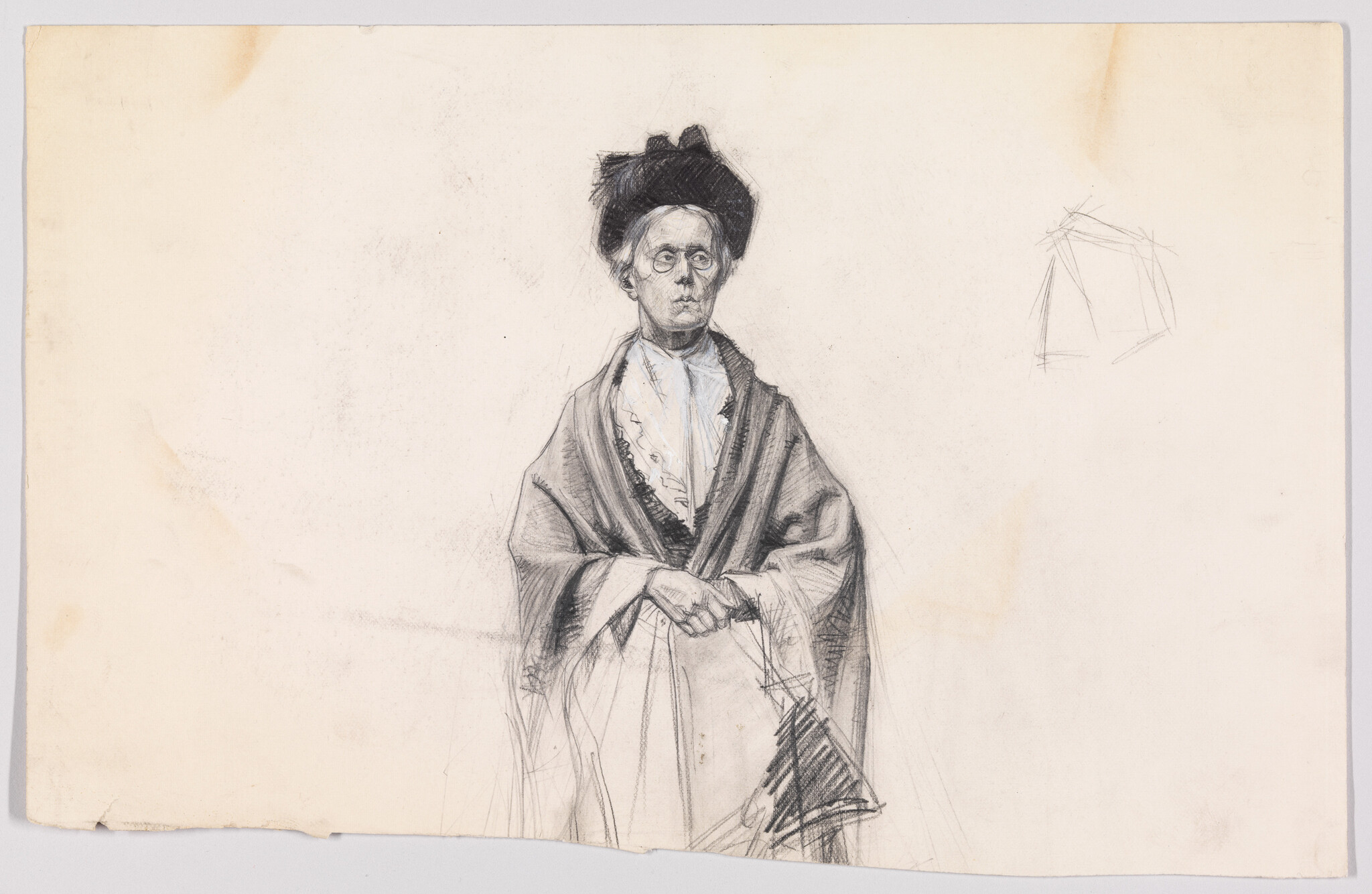 An elderly woman in a hat and shawl stands with clasped hands in a pencil sketch.