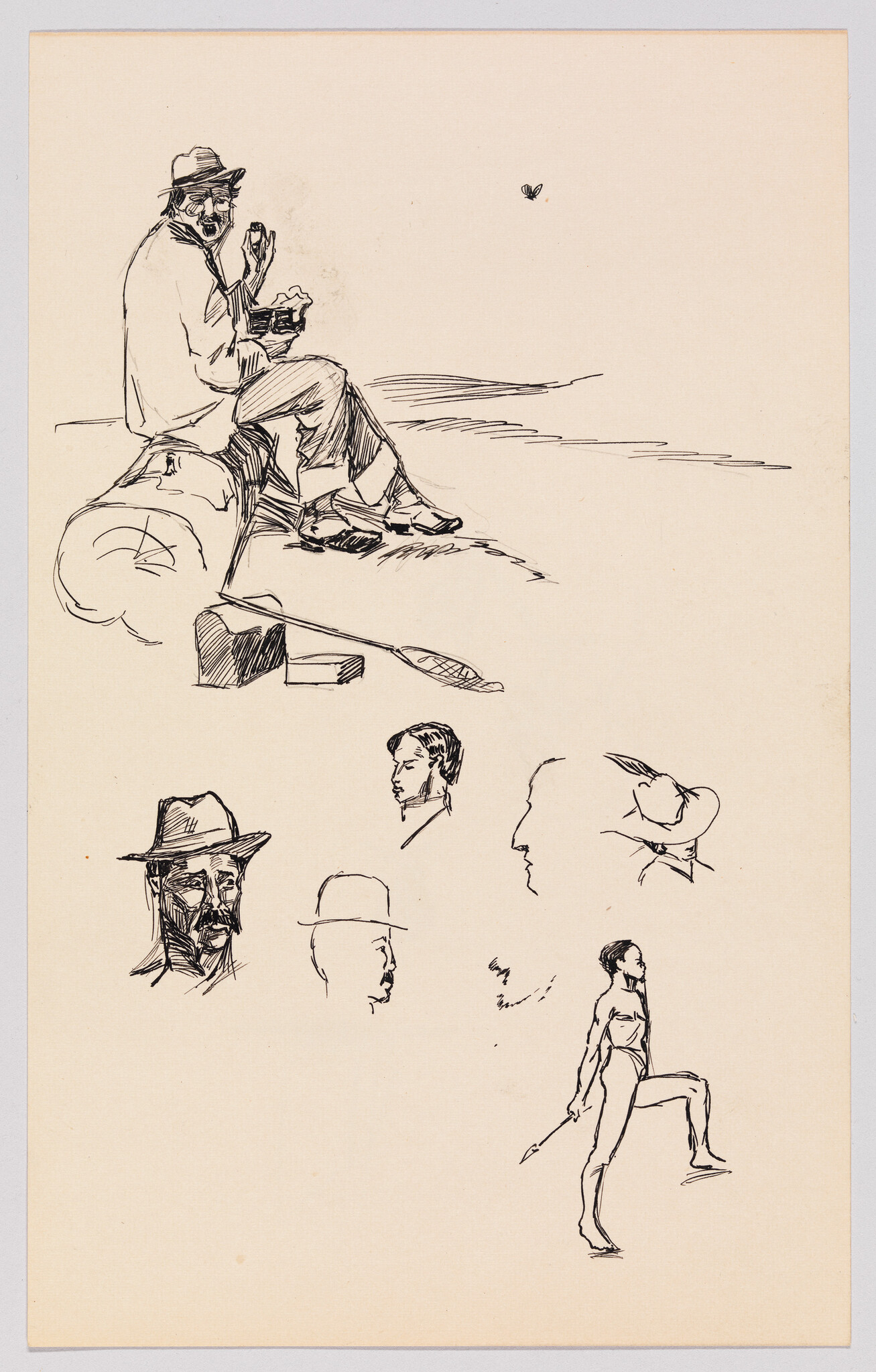 A sketch sheet showing a seated man eating from a bowl and several head studies and a stepping male figure.