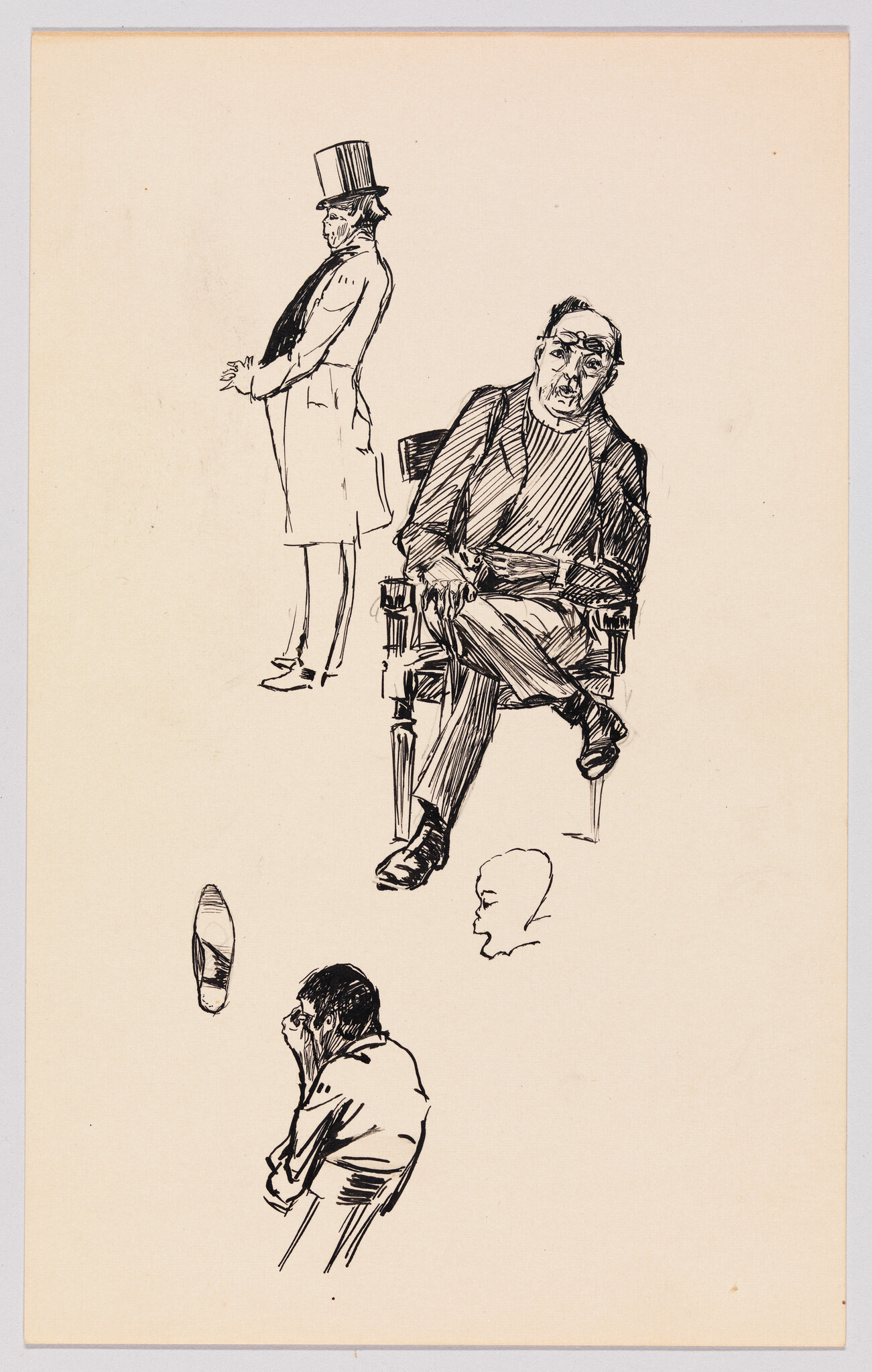 An older man sits cross-legged in a chair, surrounded by smaller figure sketches.