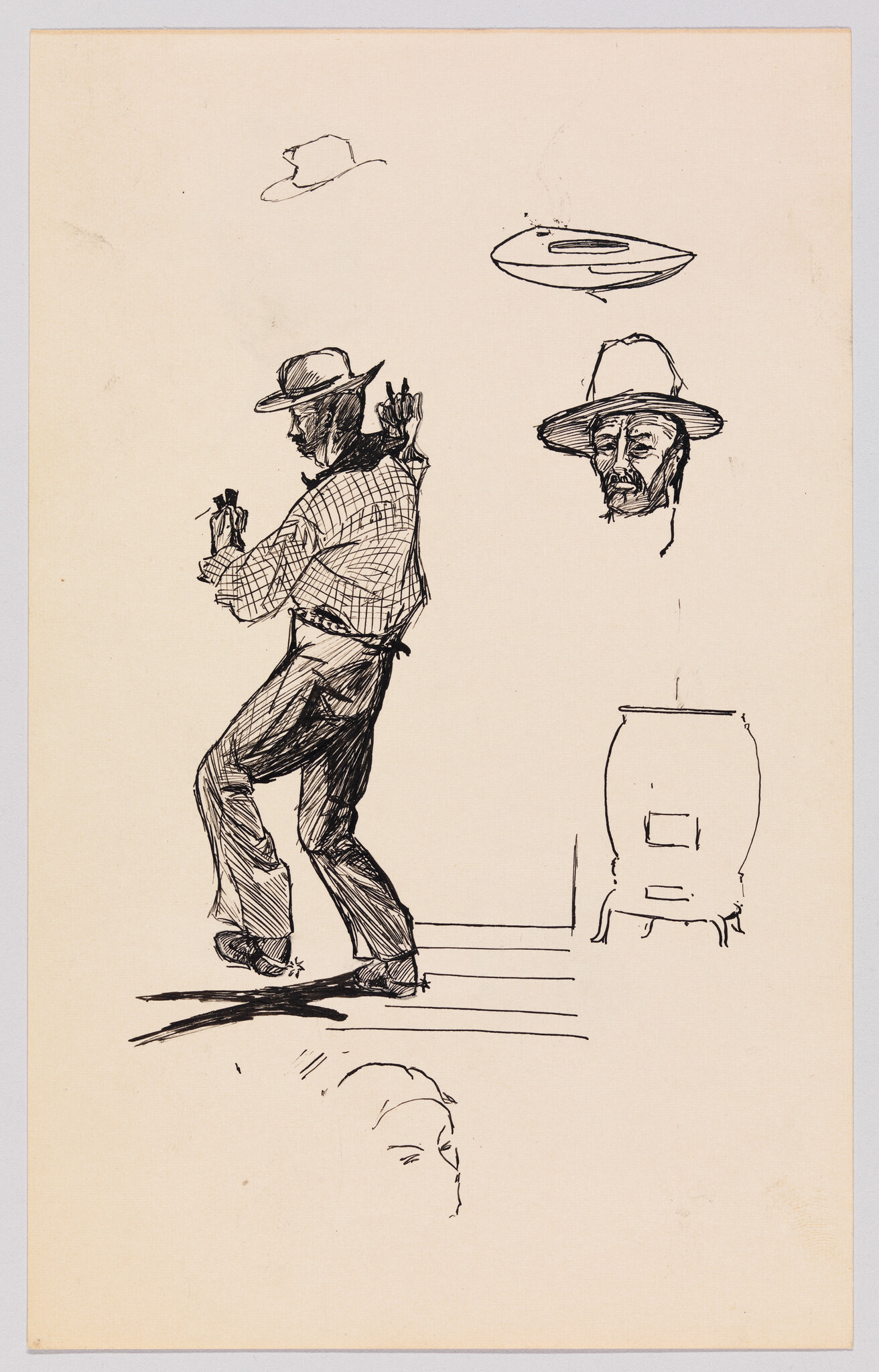 A man wearing a hat captured mid-step with small portrait and stove sketches nearby.