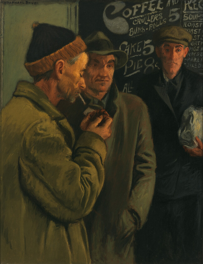 Three men stand near a café menu while one man lights a pipe.