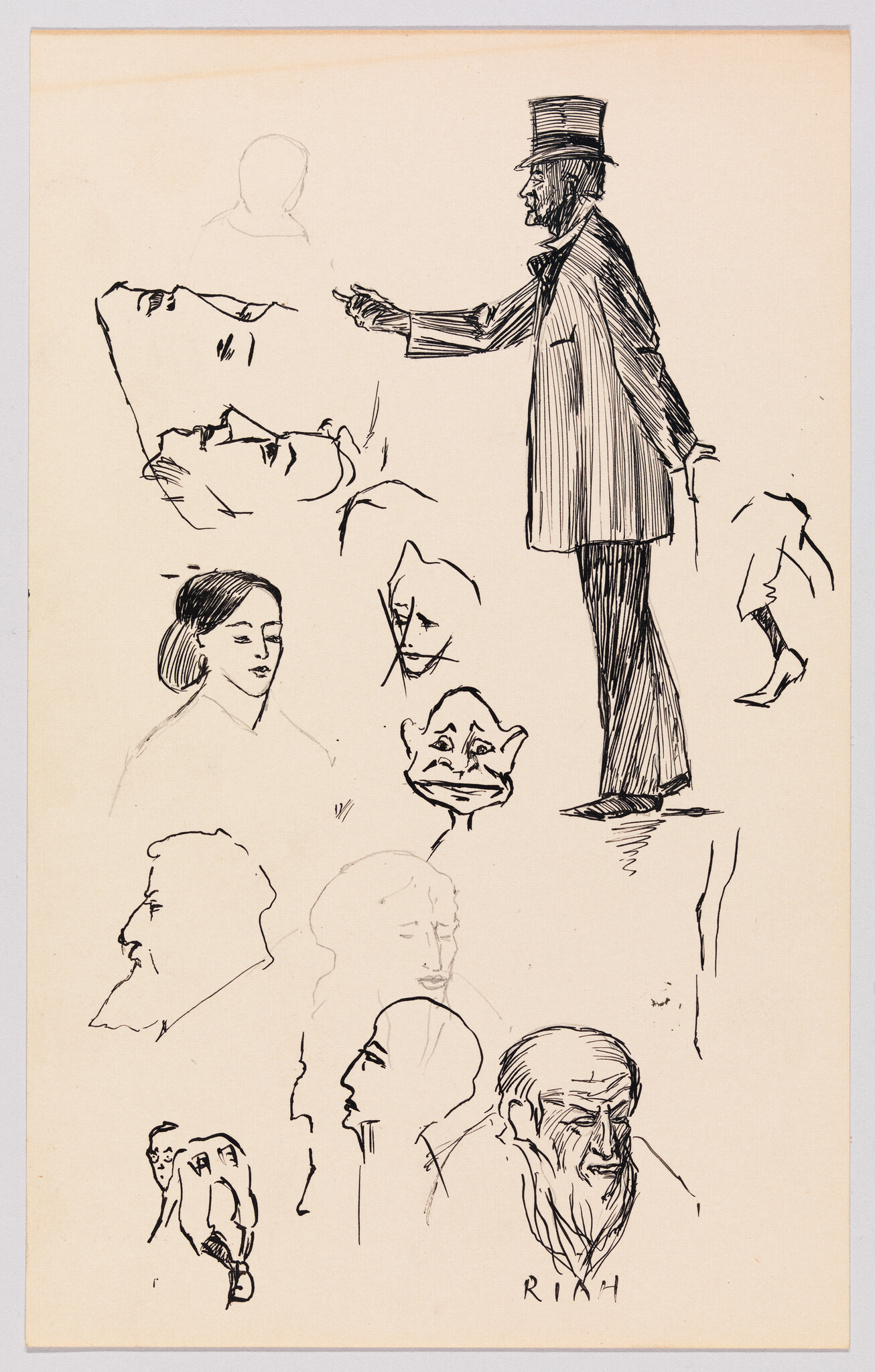 A man in a top hat stands and gestures forward among various quick face sketches.