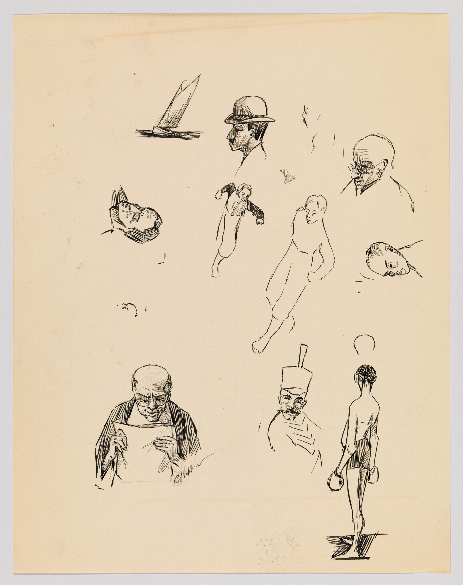 Several quick ink sketches of heads, small boat, a man reading, and a boxer walking away.