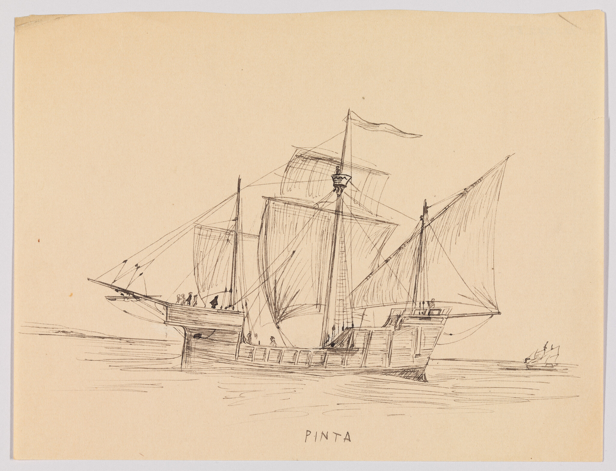 A detailed ink sketch of the ship Pinta with sails raised and crew on deck.