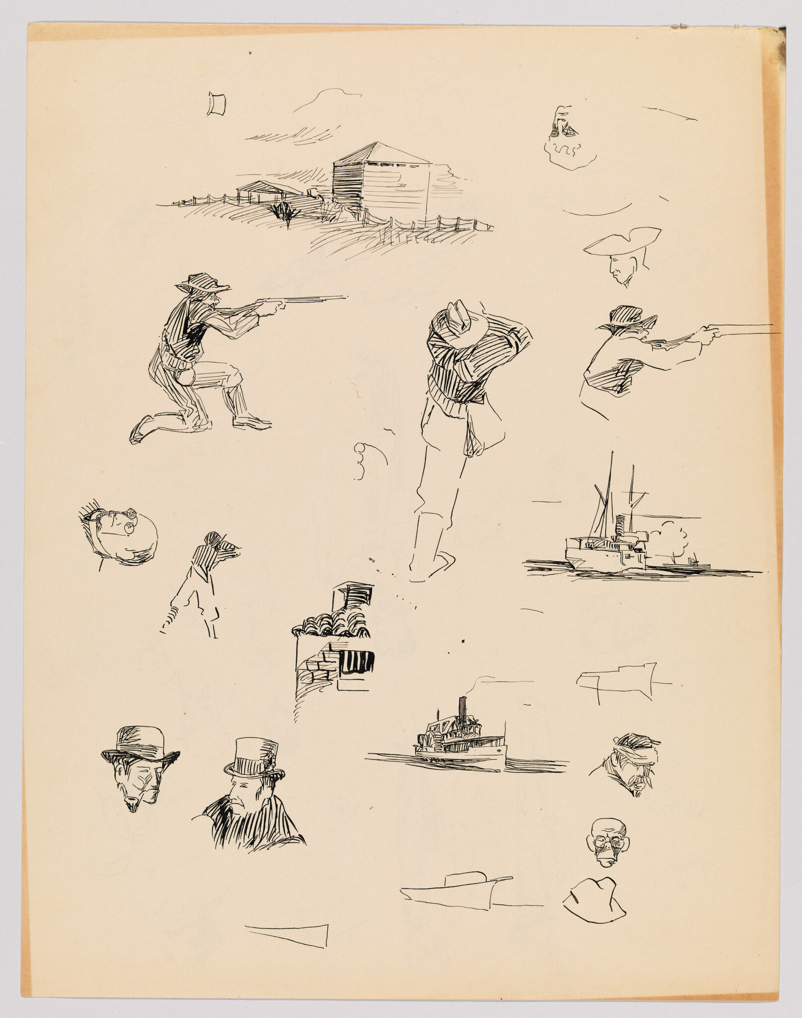 Various pen sketches of men in hats, a kneeling shooter, boats, and small building studies.