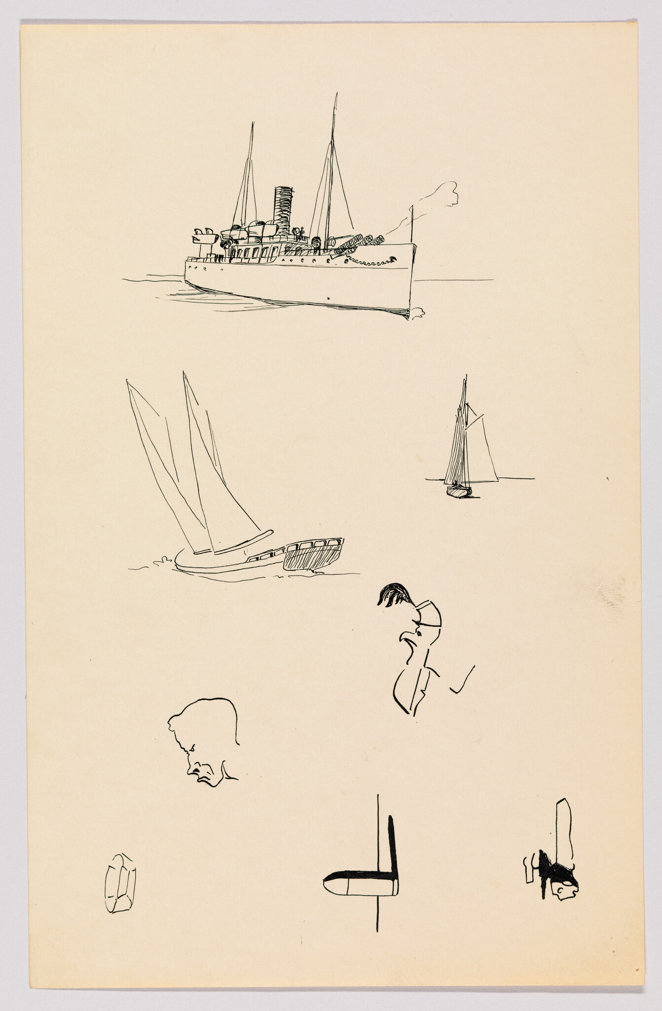 Several simple ink sketches show a steamship, sailboats, and small human head studies.