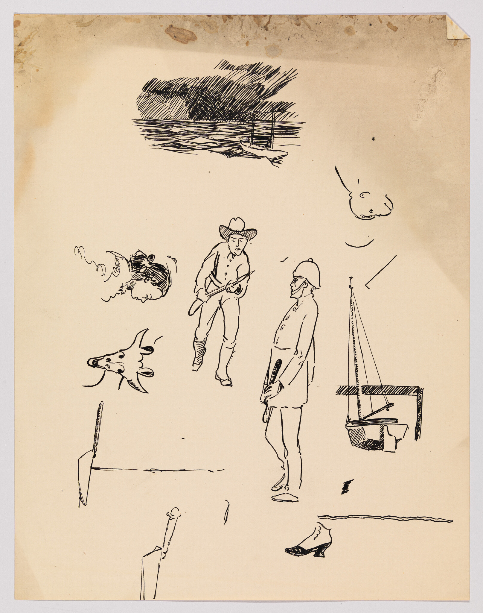 Various ink sketches on paper showing a cowboy aiming a rifle and a standing soldier, boat, and heads.