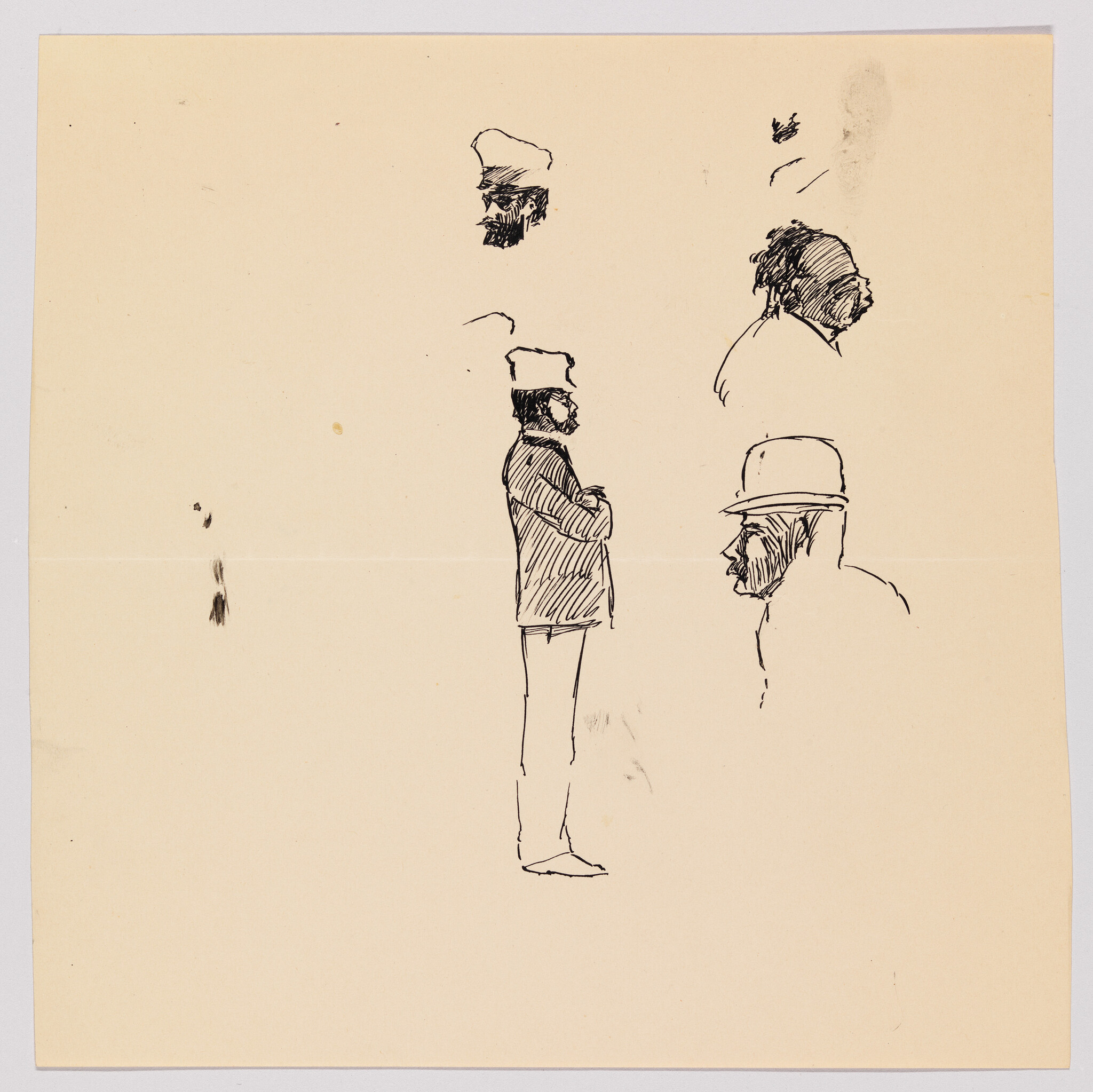 Multiple ink sketches showing a standing man with a hat and crossed arms and three head studies.