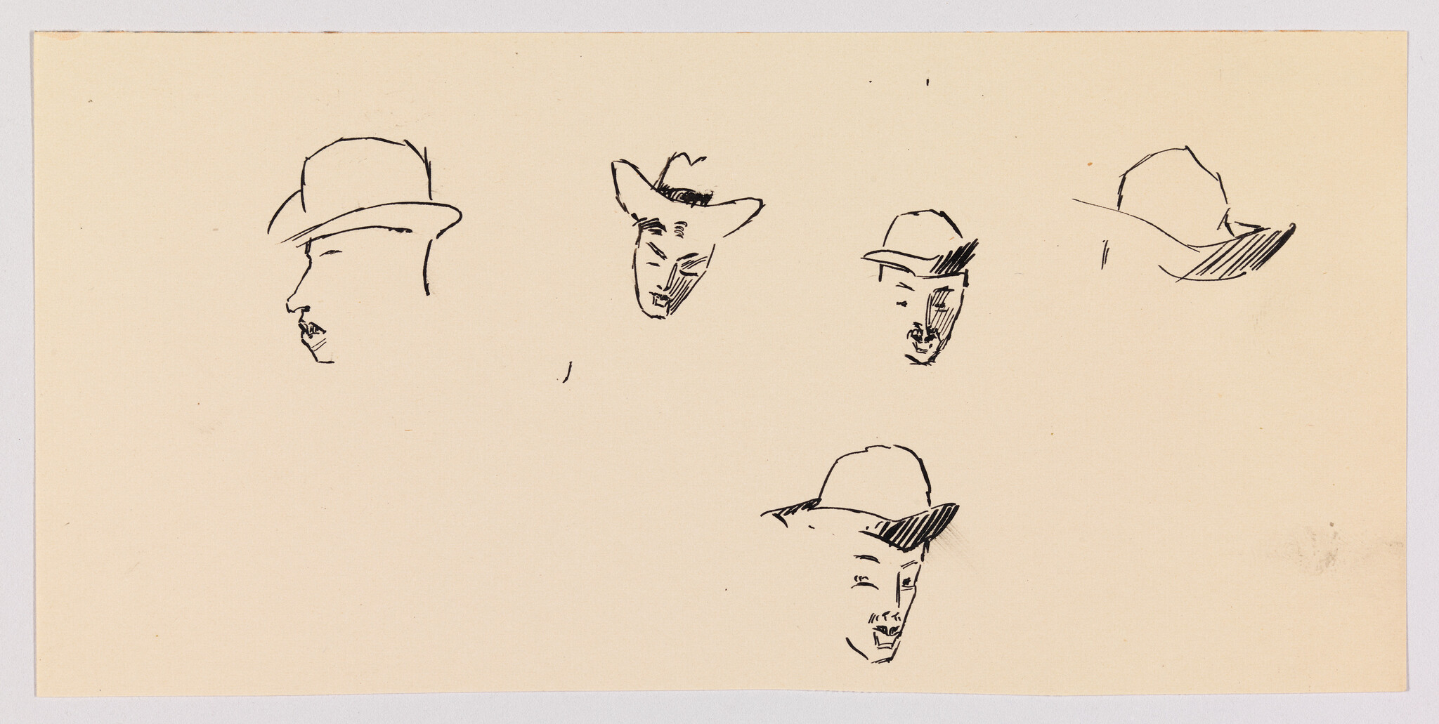 Five quick ink sketches show men's heads wearing different hats on blank paper.