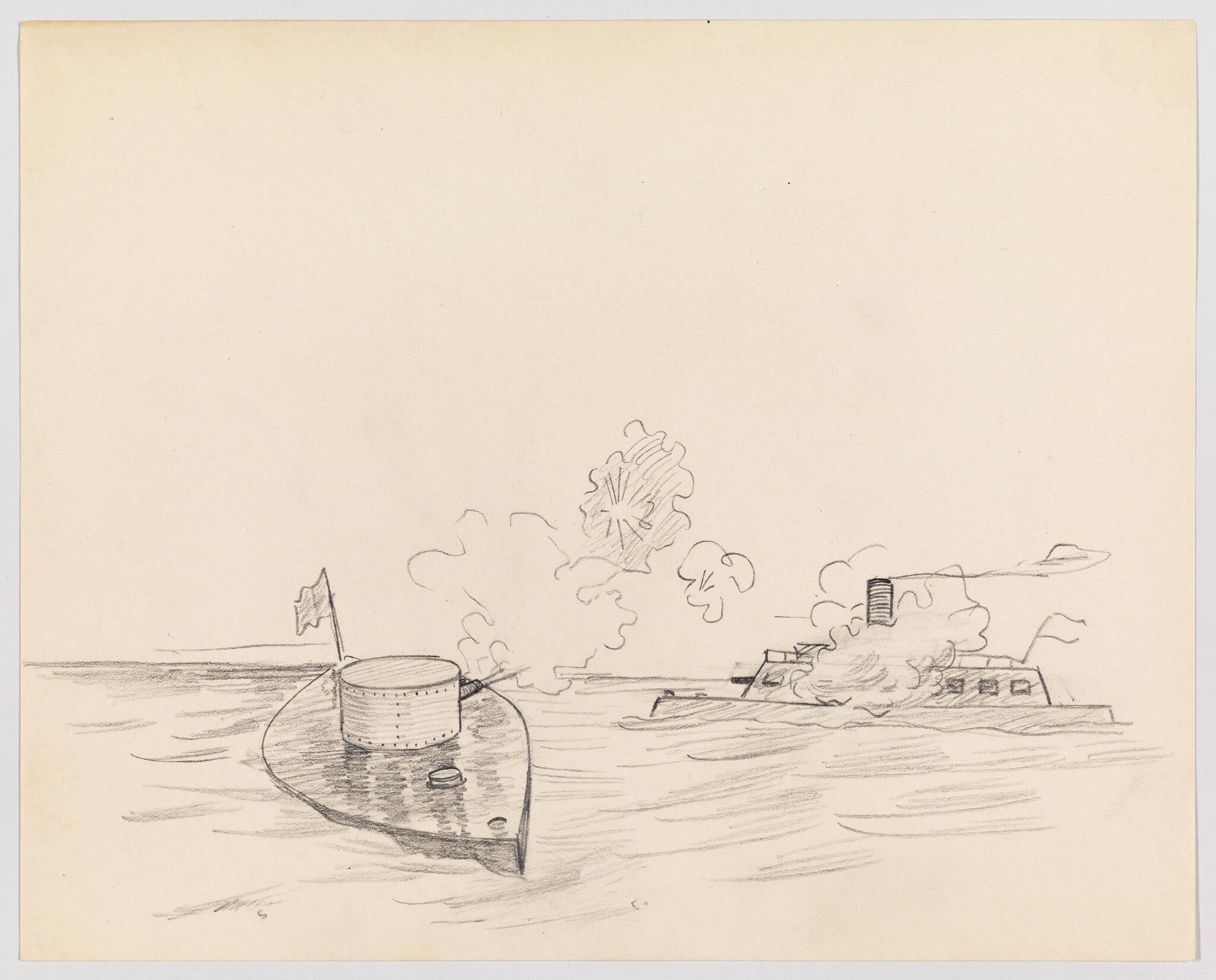 A small armored ship in the foreground while another vessel explodes with smoke in the distance.