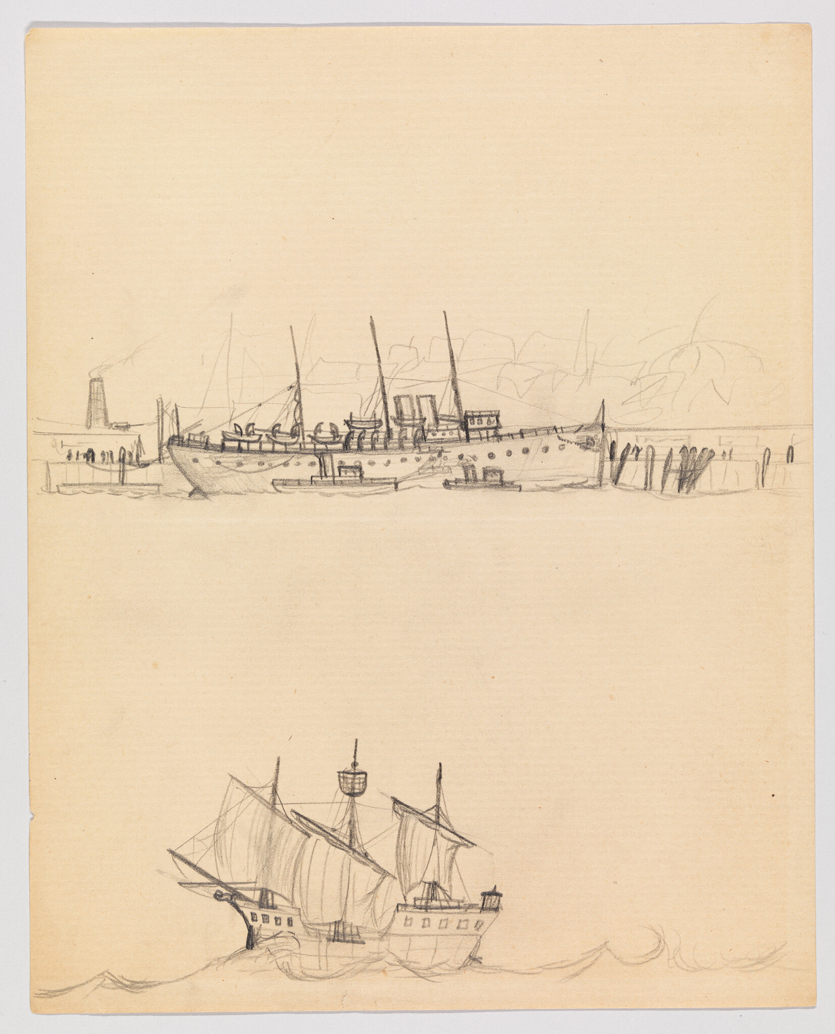 Two pencil sketches show a docked steamship at top and a sailing ship on rough water below.