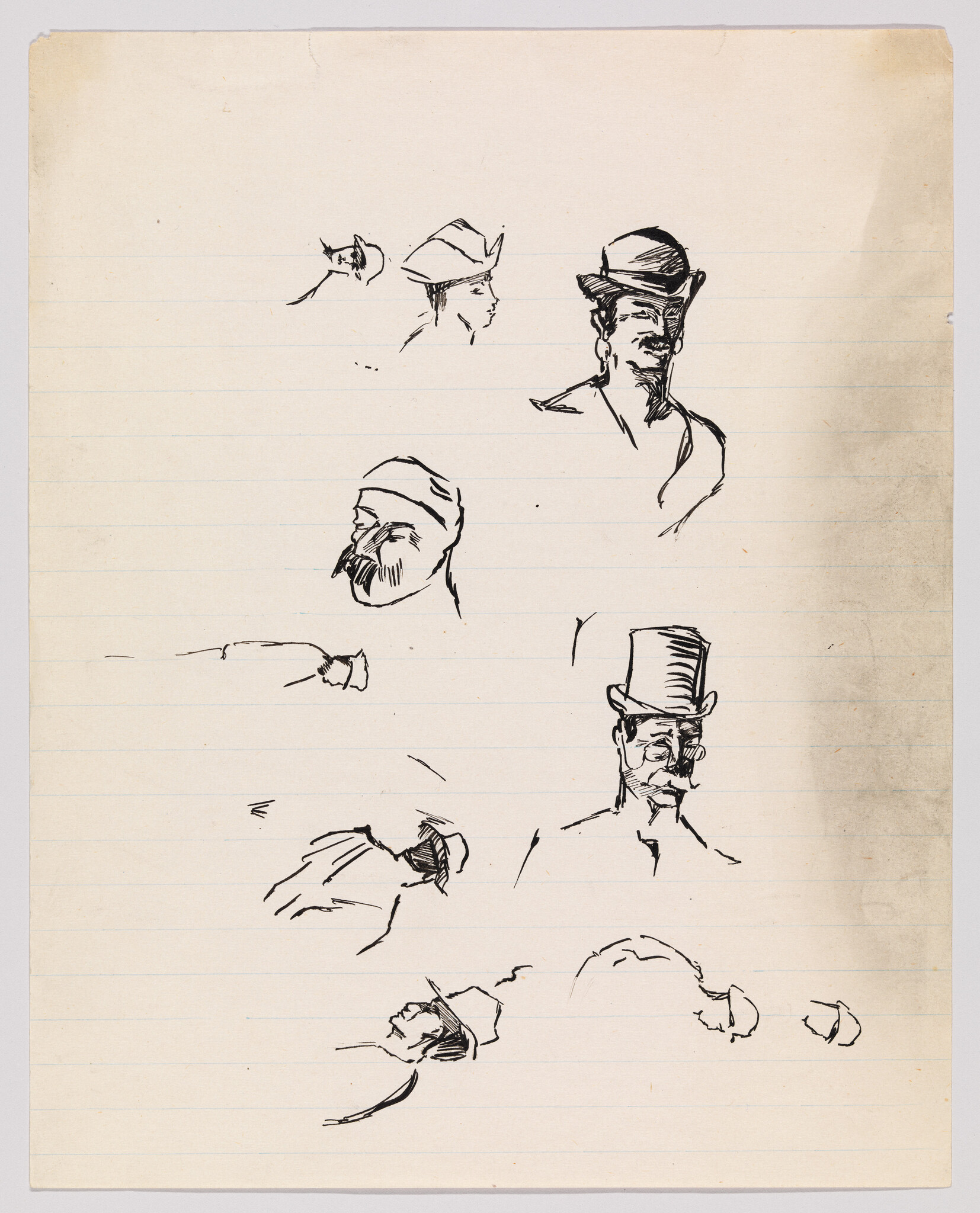 Several quick ink sketches of different men wearing hats drawn on lined notebook paper.