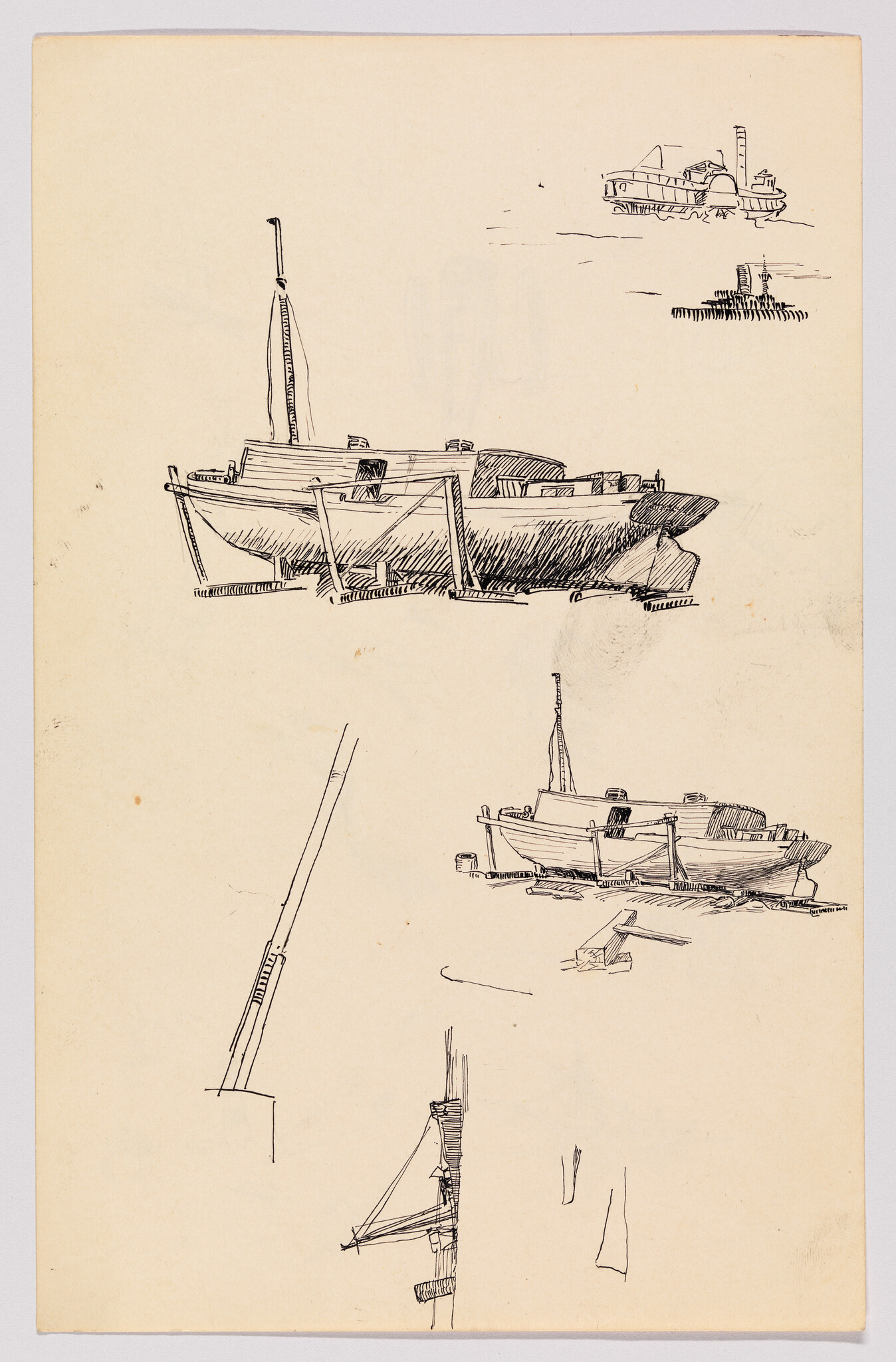 Several pen sketches of small boats and masts arranged on a blank sheet.