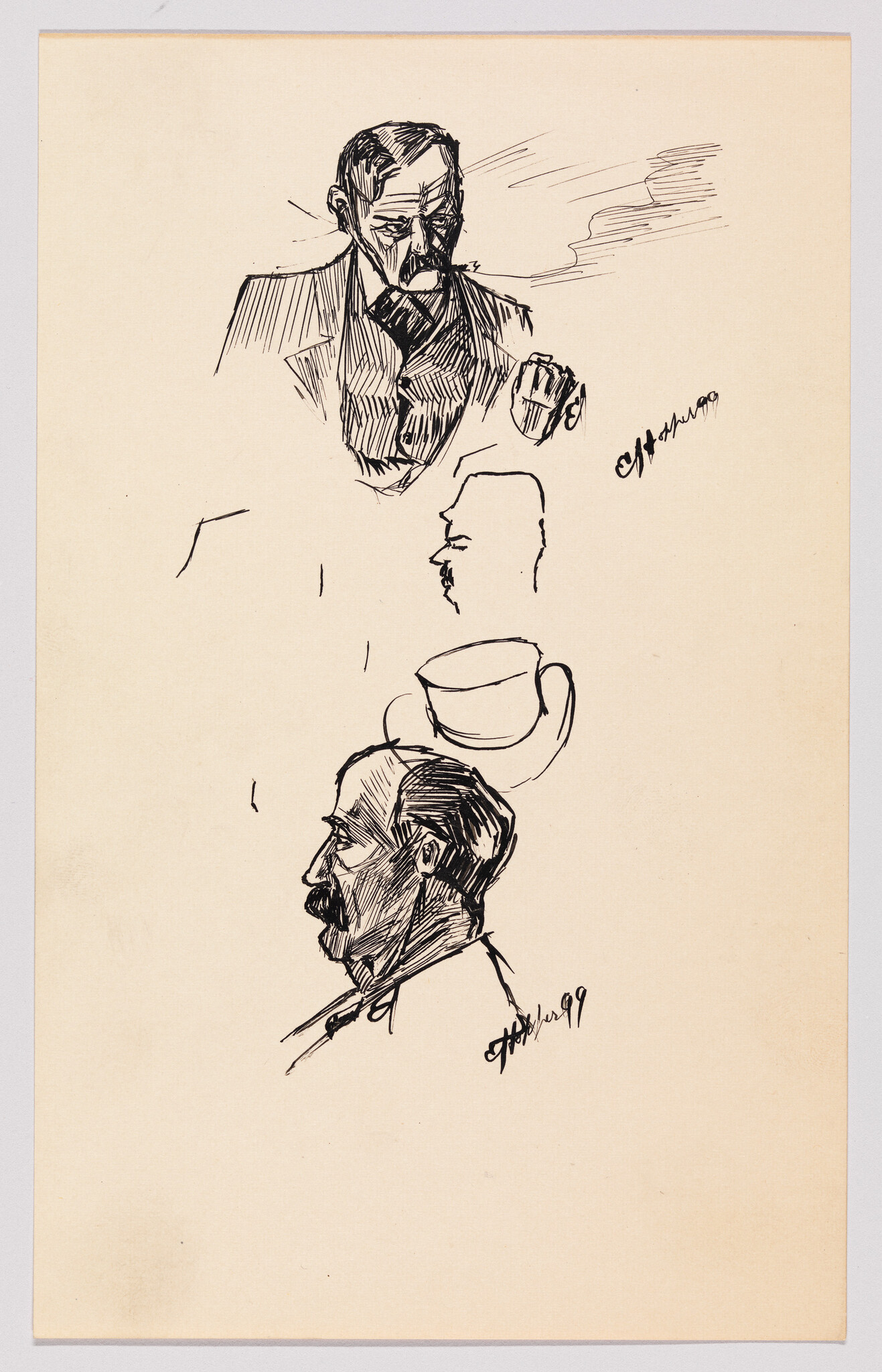 Three ink sketches show a mustached man in profile, a front-facing portrait, and a top hat.