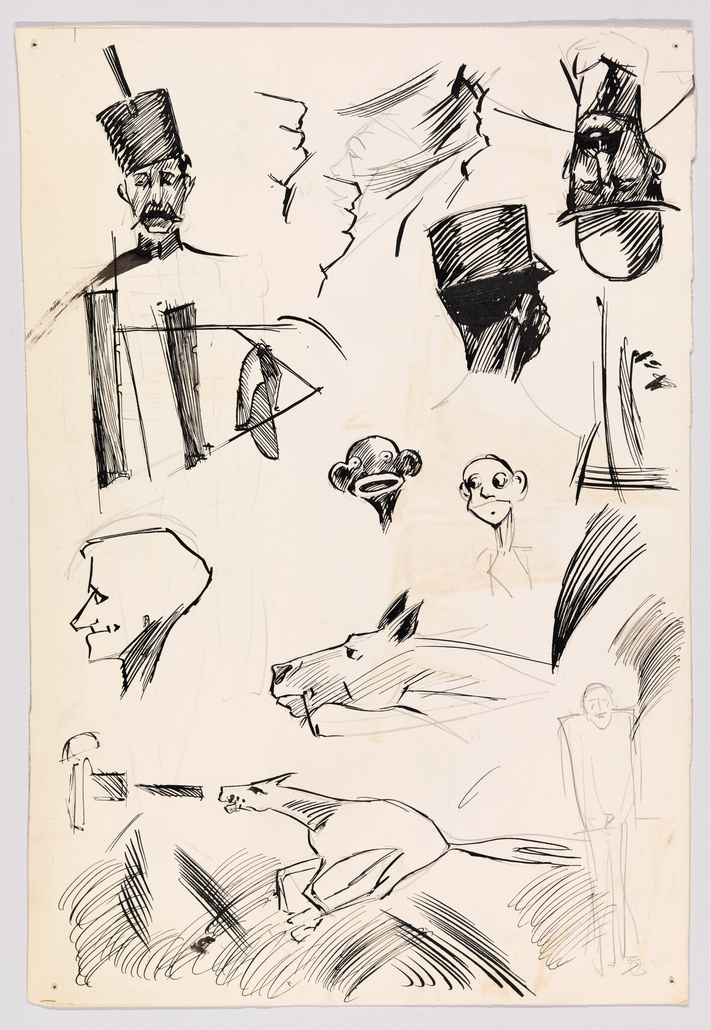 Multiple ink sketches show human faces, hat-wearing figures, and two horses, one running.