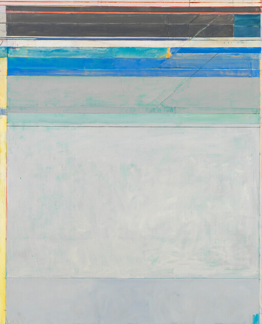 Large abstract painting with pale grey field and layered horizontal blue, teal, and dark bands at top.