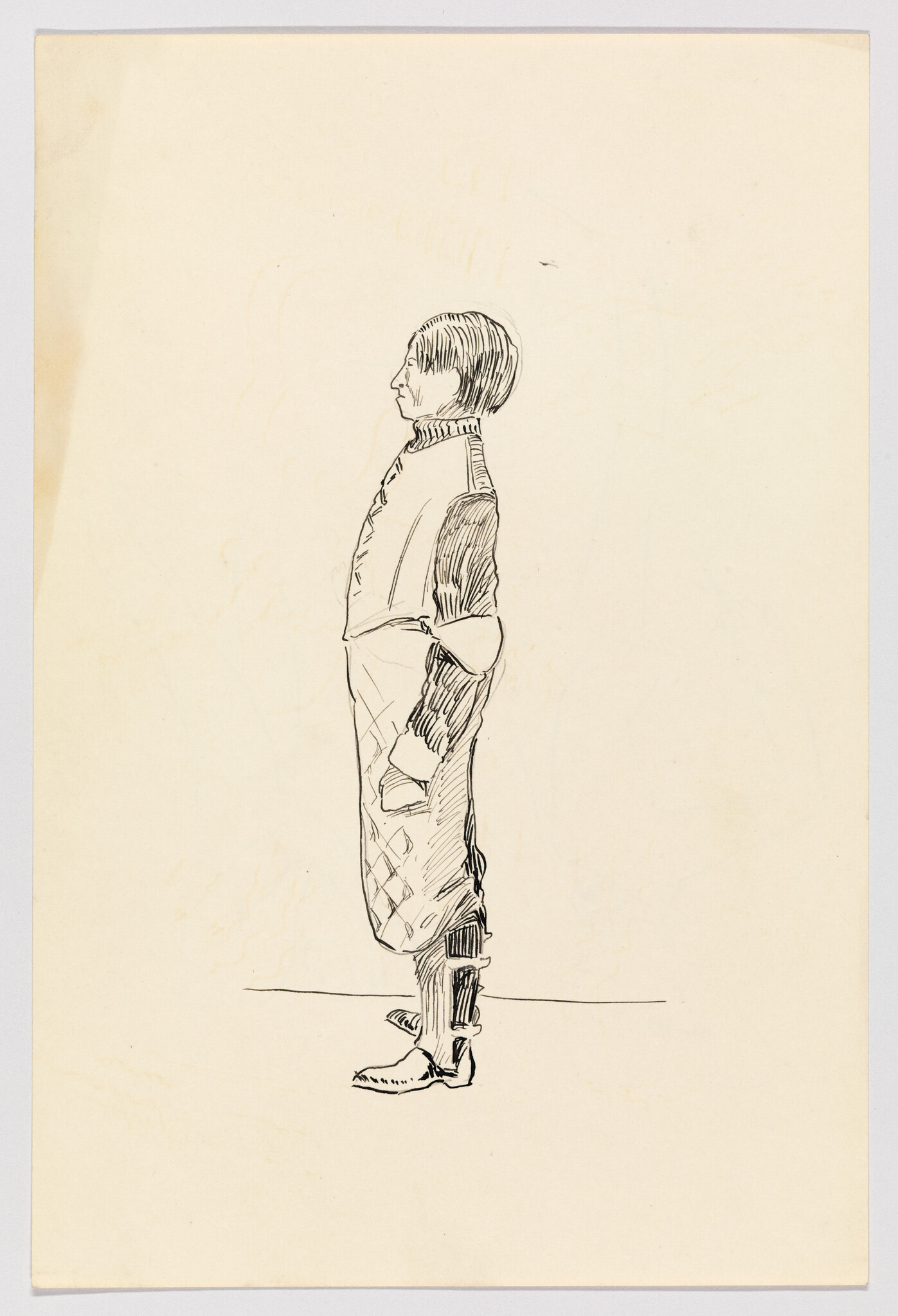 A sketch of a person in profile view, standing with their hands behind their back on a cream-colored paper. The figure is wearing a patterned garment and shoes with pointed toes, and has a short haircut. The drawing style is loose and expressive with visible pen strokes.