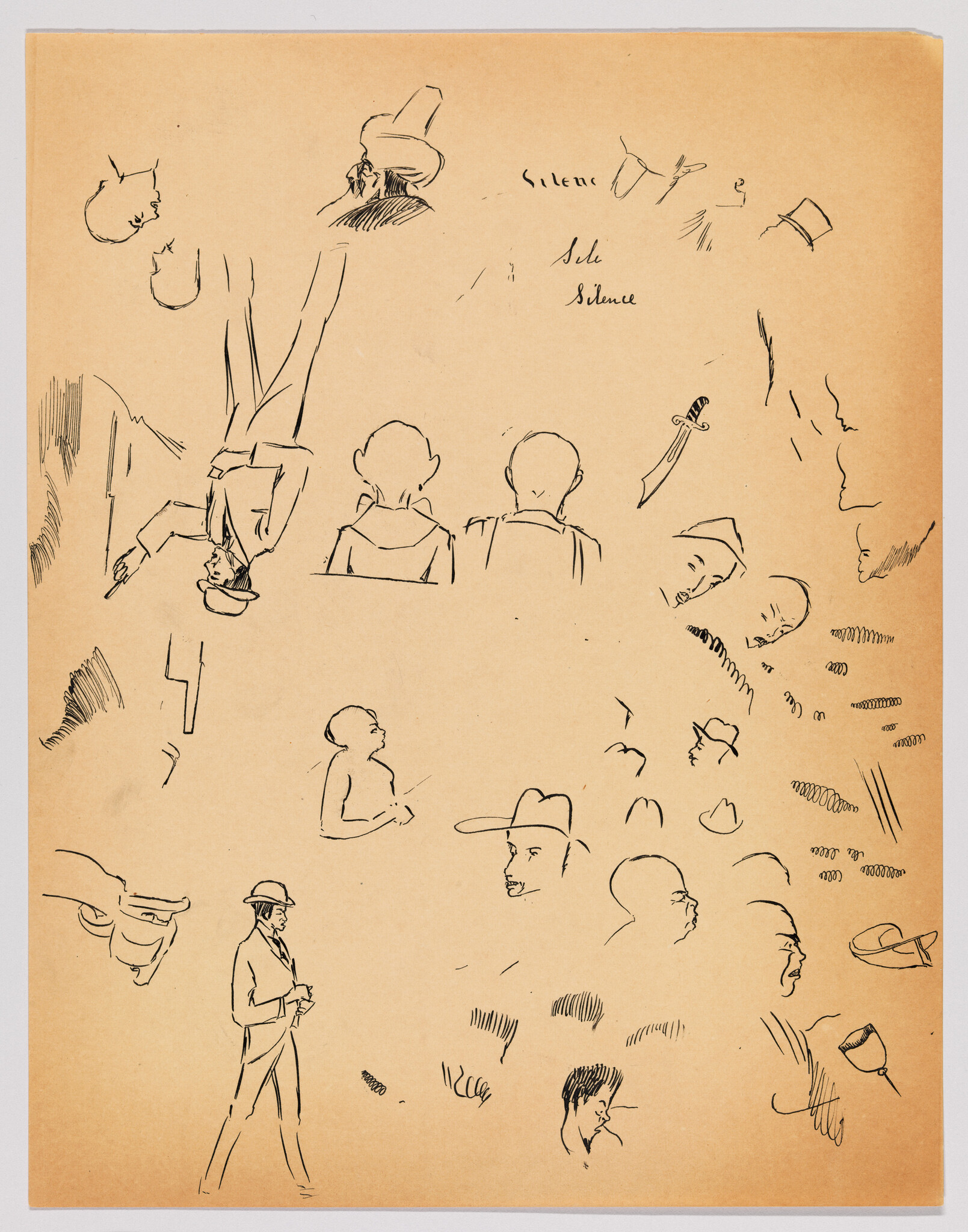 A sketch-filled page with various black ink drawings on a tan background. The sketches include a mix of human figures, faces in profile, and individual body parts like hands and feet. Some sketches are more detailed, showing a full figure of a person standing with a hat and coat, while others are quick outlines or gestures. Words "Silenc" and "Idle Silence" are written among the sketches, suggesting a theme or concept for the drawings.