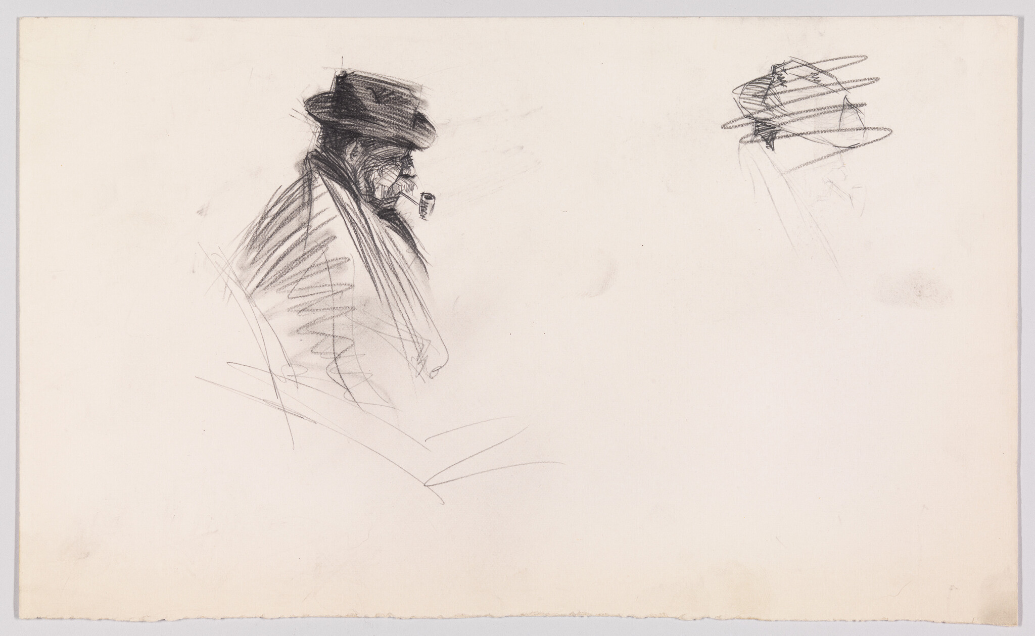An elderly man in a hat smokes a pipe while facing left in a quick pencil sketch.